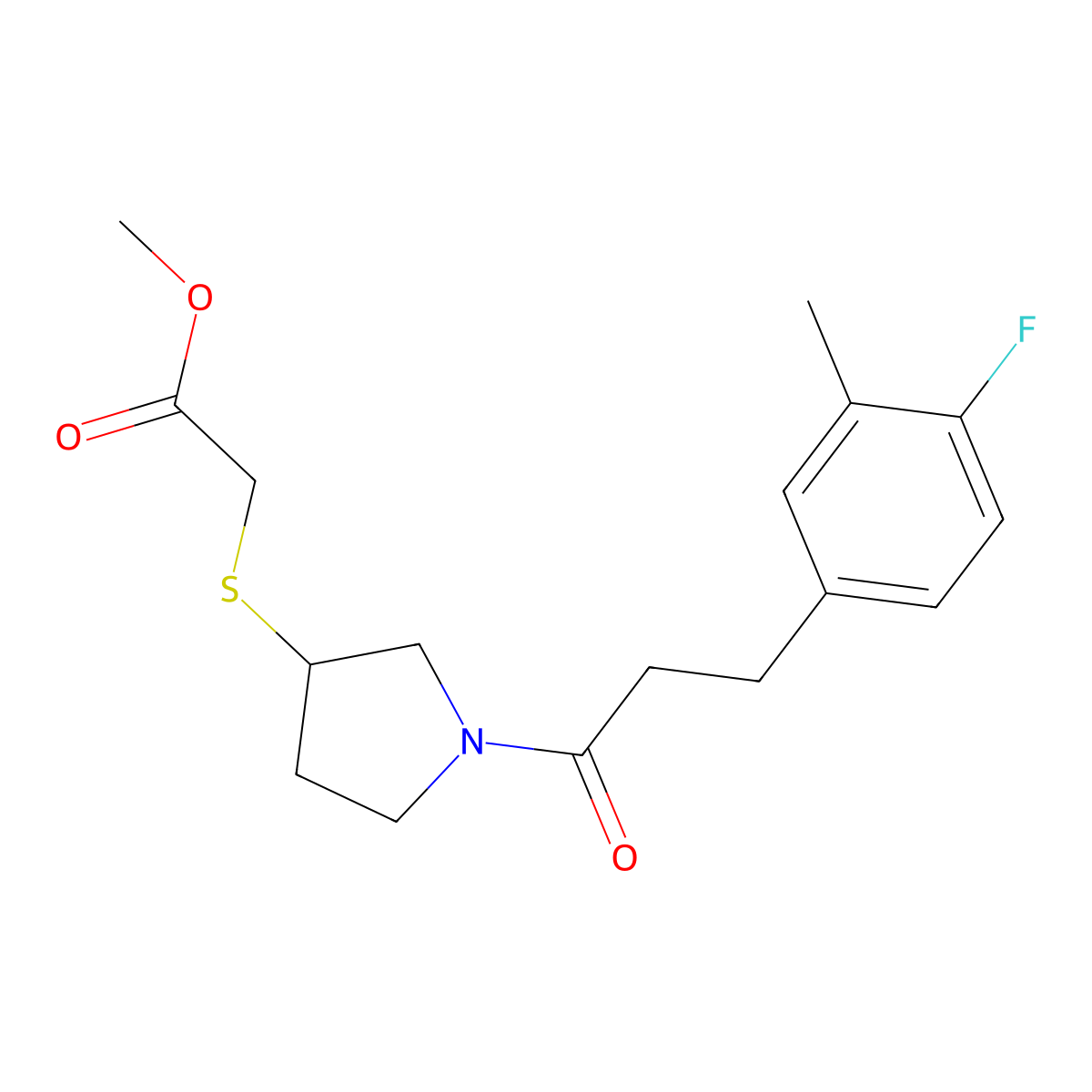 Methyl 2-((1-(3-(4-fluoro-3-methylphenyl)propanoyl)pyrrolidin-3-yl)thio)acetate molecular structure, CAS 2034267-59-7