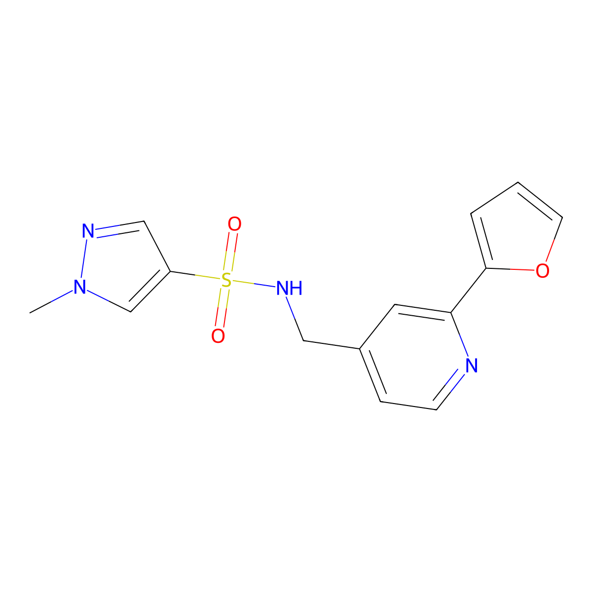 N-((2-(furan-2-yl)pyridin-4-yl)methyl)-1-methyl-1H-pyrazole-4-sulfonamide molecular structure, CAS 2034267-62-2
