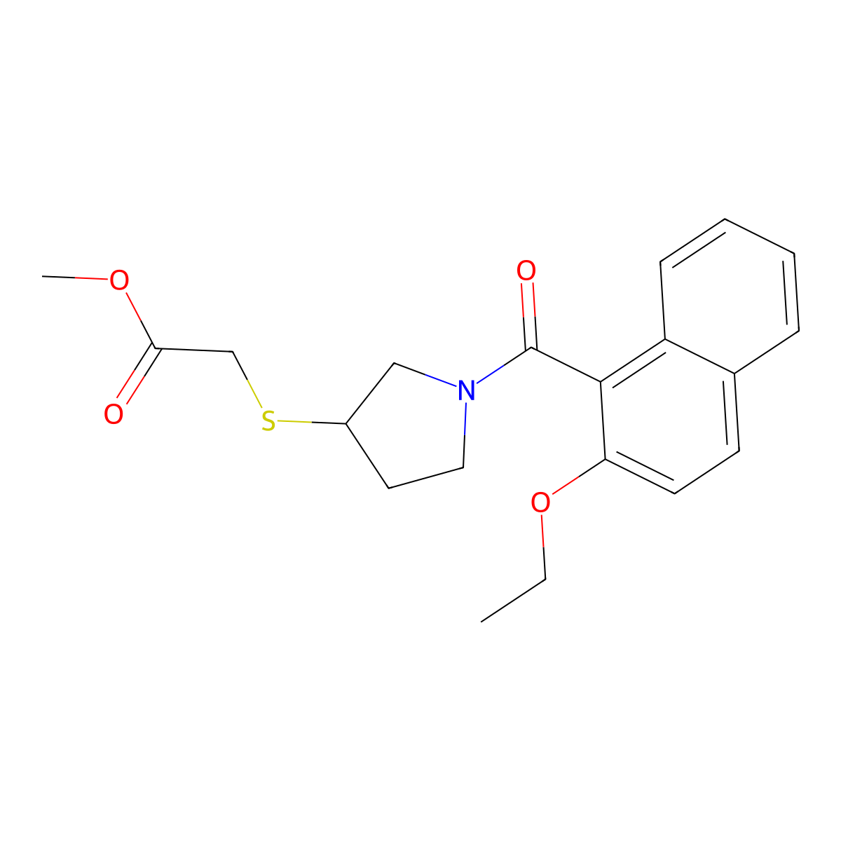 Methyl 2-((1-(2-ethoxy-1-naphthoyl)pyrrolidin-3-yl)thio)acetate molecular structure, CAS 2034267-64-4