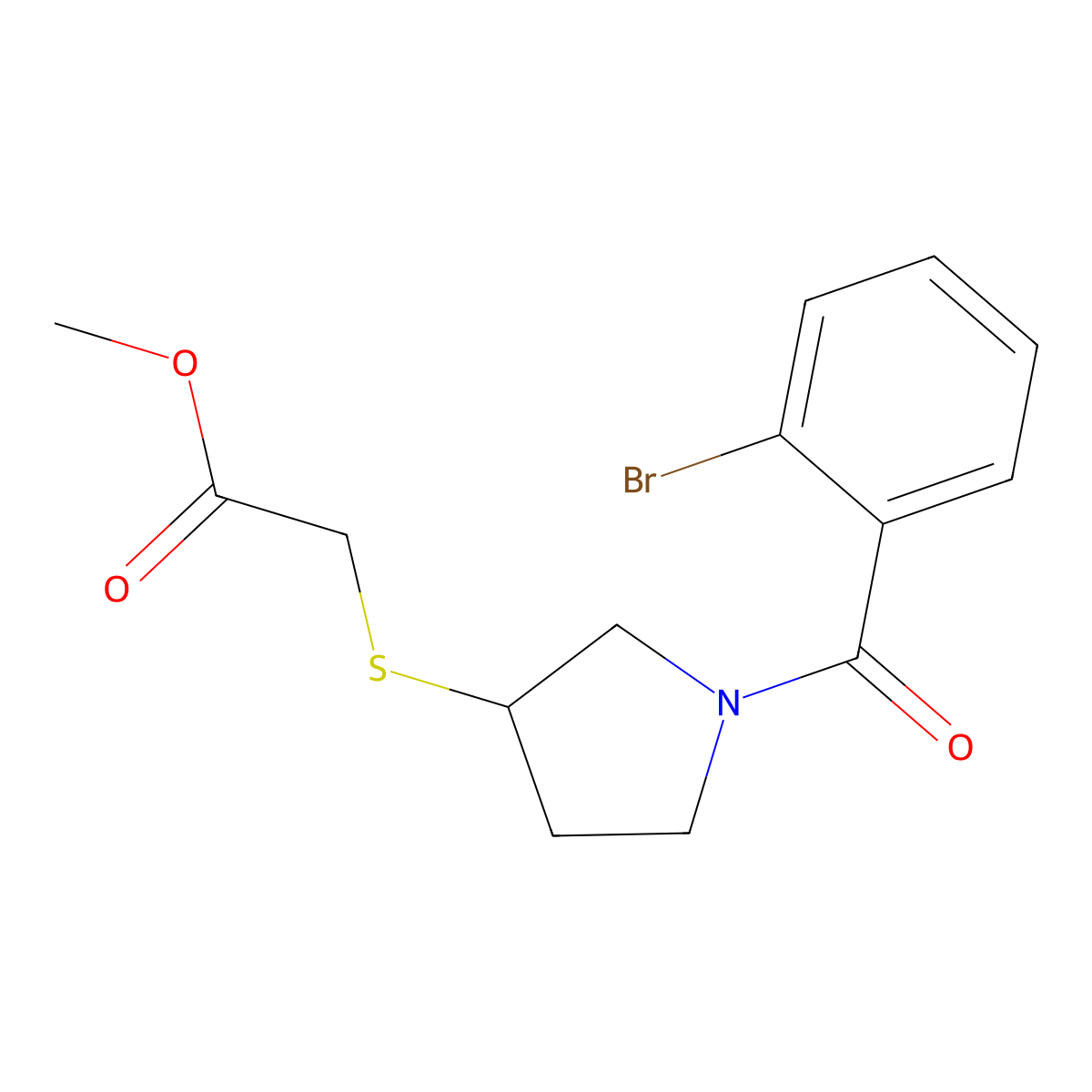Methyl 2-((1-(2-bromobenzoyl)pyrrolidin-3-yl)thio)acetate molecular structure, CAS 2034267-70-2