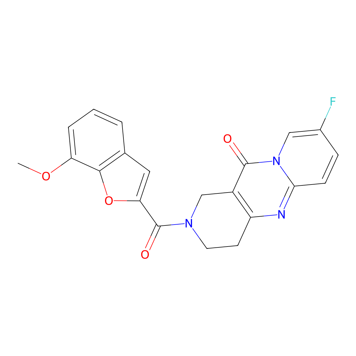 8-fluoro-2-(7-methoxybenzofuran-2-carbonyl)-3,4-dihydro-1H-dipyrido[1,2-a:4',3'-d]pyrimidin-11(2H)-one molecular structure, CAS 2034267-71-3