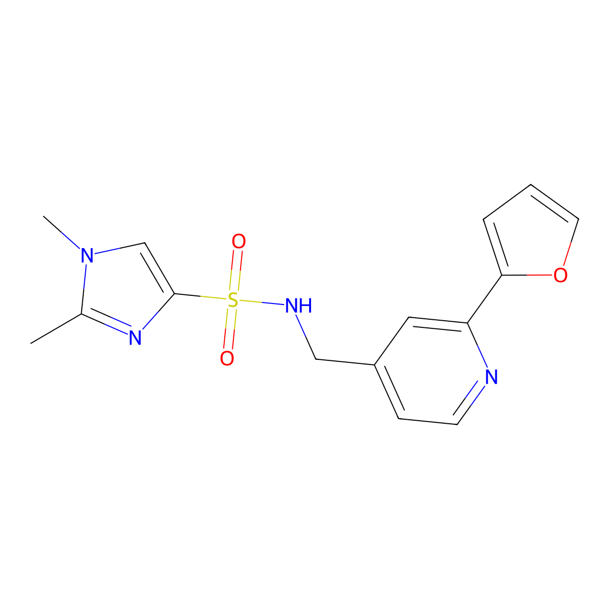 N-((2-(furan-2-yl)pyridin-4-yl)methyl)-1,2-dimethyl-1H-imidazole-4-sulfonamide molecular structure, CAS 2034267-73-5