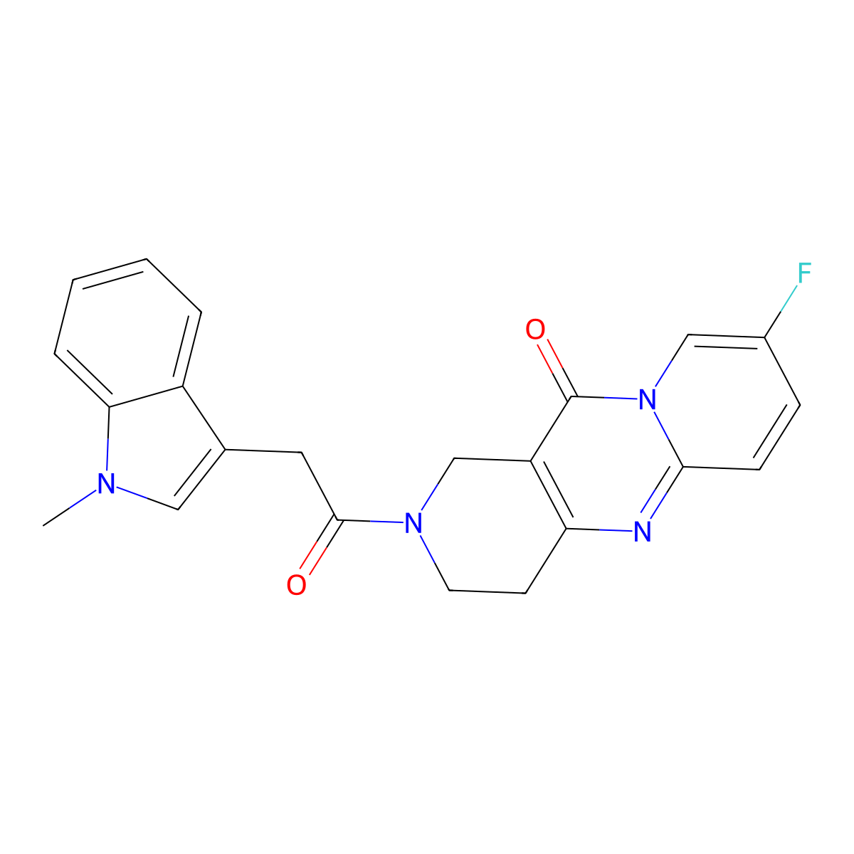 8-fluoro-2-(2-(1-methyl-1H-indol-3-yl)acetyl)-3,4-dihydro-1H-dipyrido[1,2-a:4',3'-d]pyrimidin-11(2H)-one molecular structure, CAS 2034267-76-8