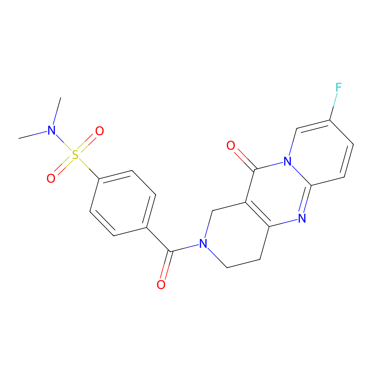4-(8-fluoro-11-oxo-2,3,4,11-tetrahydro-1H-dipyrido[1,2-a:4',3'-d]pyrimidine-2-carbonyl)-N,N-dimethylbenzenesulfonamide molecular structure, CAS 2034267-85-9