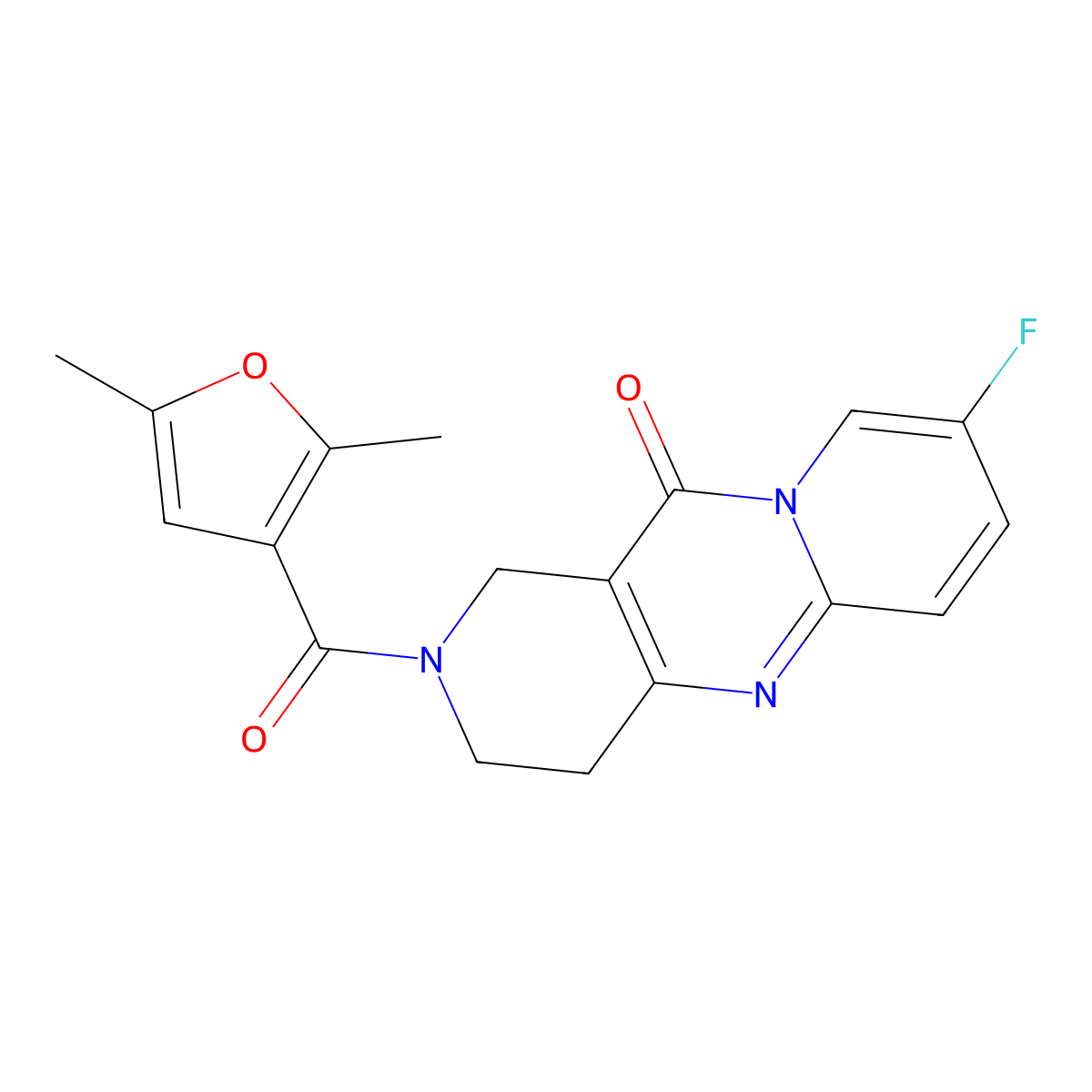 2-(2,5-dimethylfuran-3-carbonyl)-8-fluoro-3,4-dihydro-1H-dipyrido[1,2-a:4',3'-d]pyrimidin-11(2H)-one molecular structure, CAS 2034267-92-8