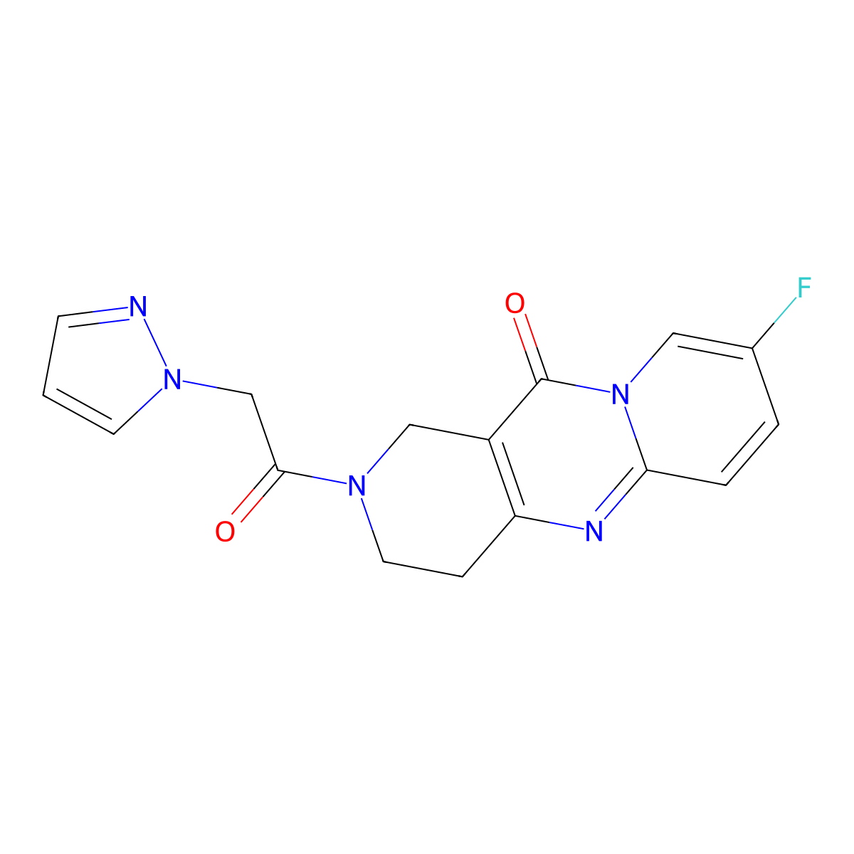 2-(2-(1H-pyrazol-1-yl)acetyl)-8-fluoro-3,4-dihydro-1H-dipyrido[1,2-a:4',3'-d]pyrimidin-11(2H)-one molecular structure, CAS 2034267-94-0