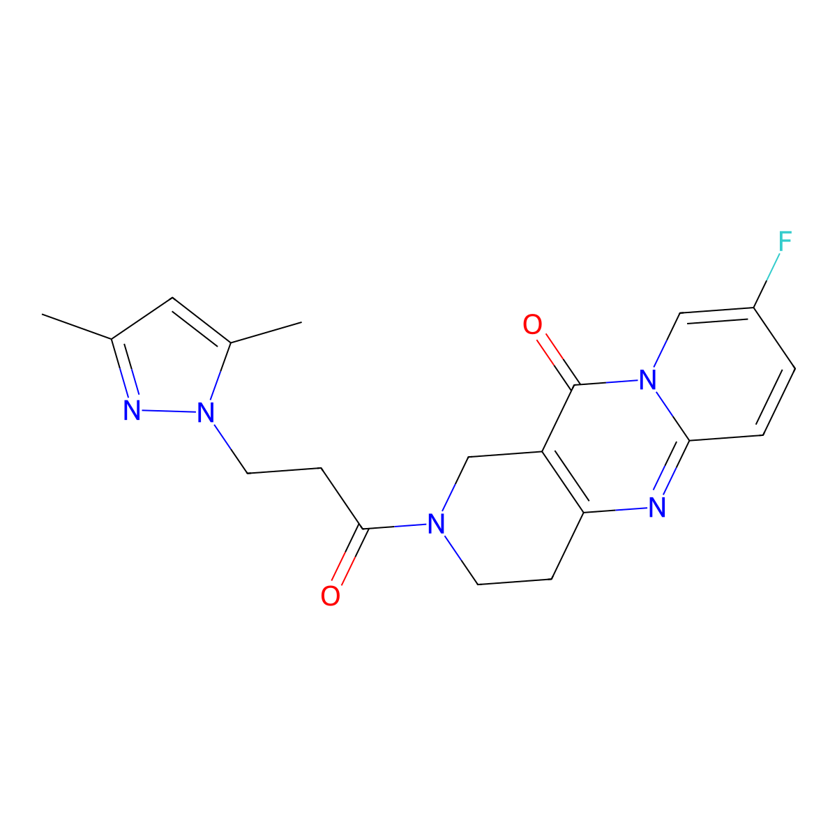 2-(3-(3,5-dimethyl-1H-pyrazol-1-yl)propanoyl)-8-fluoro-3,4-dihydro-1H-dipyrido[1,2-a:4',3'-d]pyrimidin-11(2H)-one molecular structure, CAS 2034268-03-4