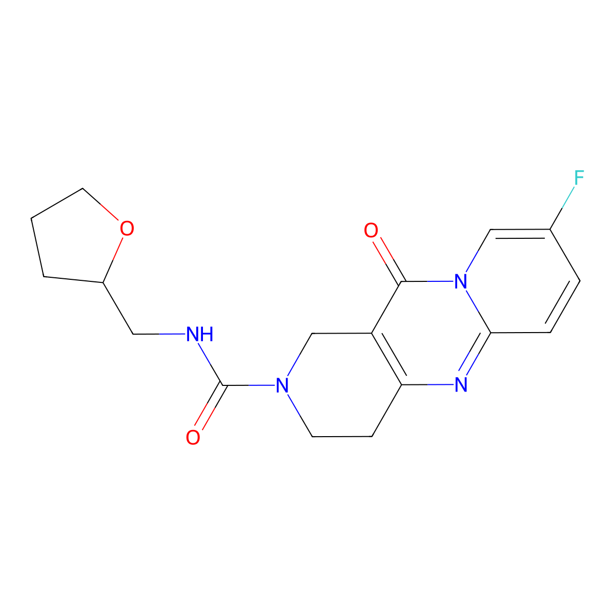 8-fluoro-11-oxo-N-((tetrahydrofuran-2-yl)methyl)-3,4-dihydro-1H-dipyrido[1,2-a:4',3'-d]pyrimidine-2(11H)-carboxamide molecular structure, CAS 2034268-07-8