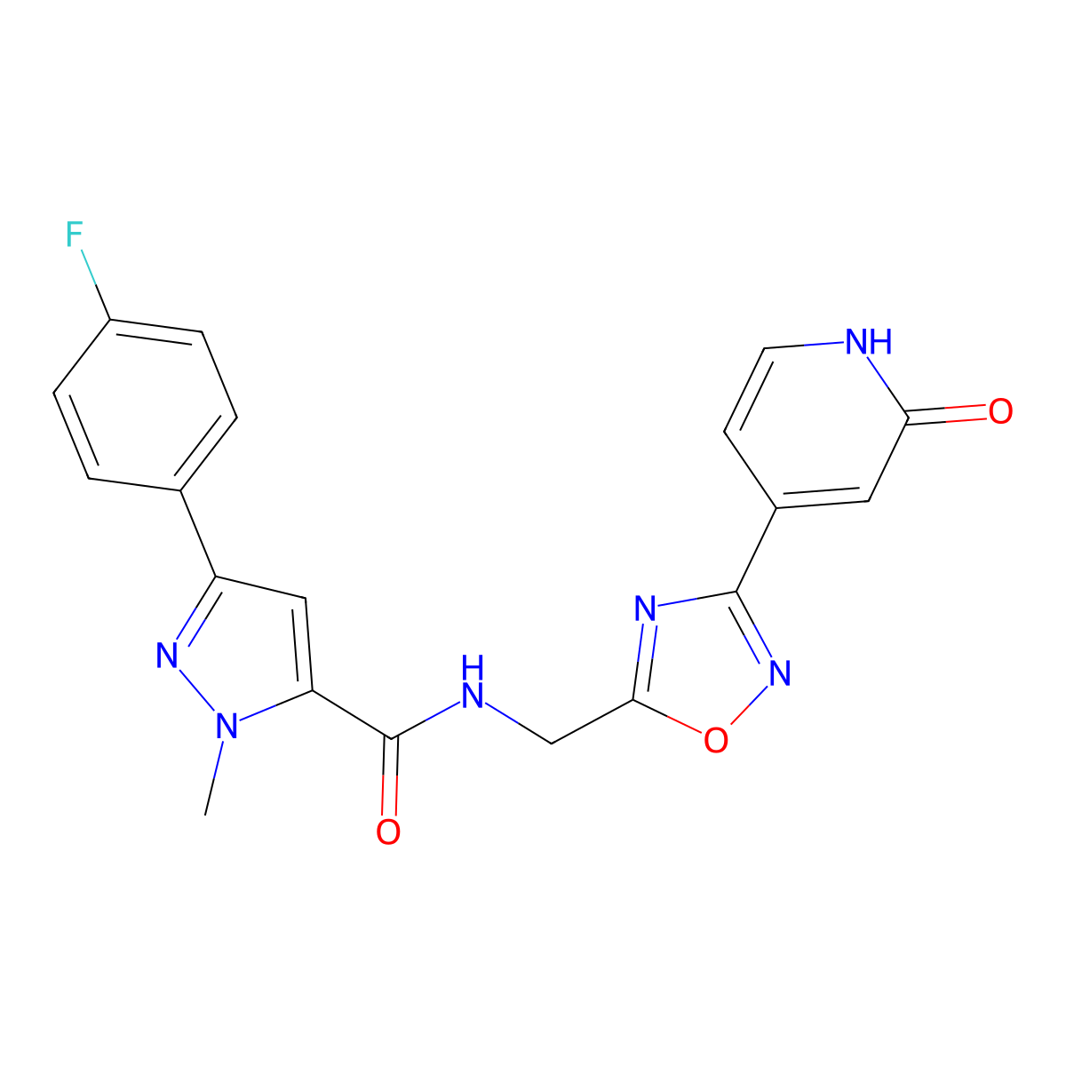 3-(4-fluorophenyl)-1-methyl-N-((3-(2-oxo-1,2-dihydropyridin-4-yl)-1,2,4-oxadiazol-5-yl)methyl)-1H-pyrazole-5-carboxamide molecular structure, CAS 2034268-41-0