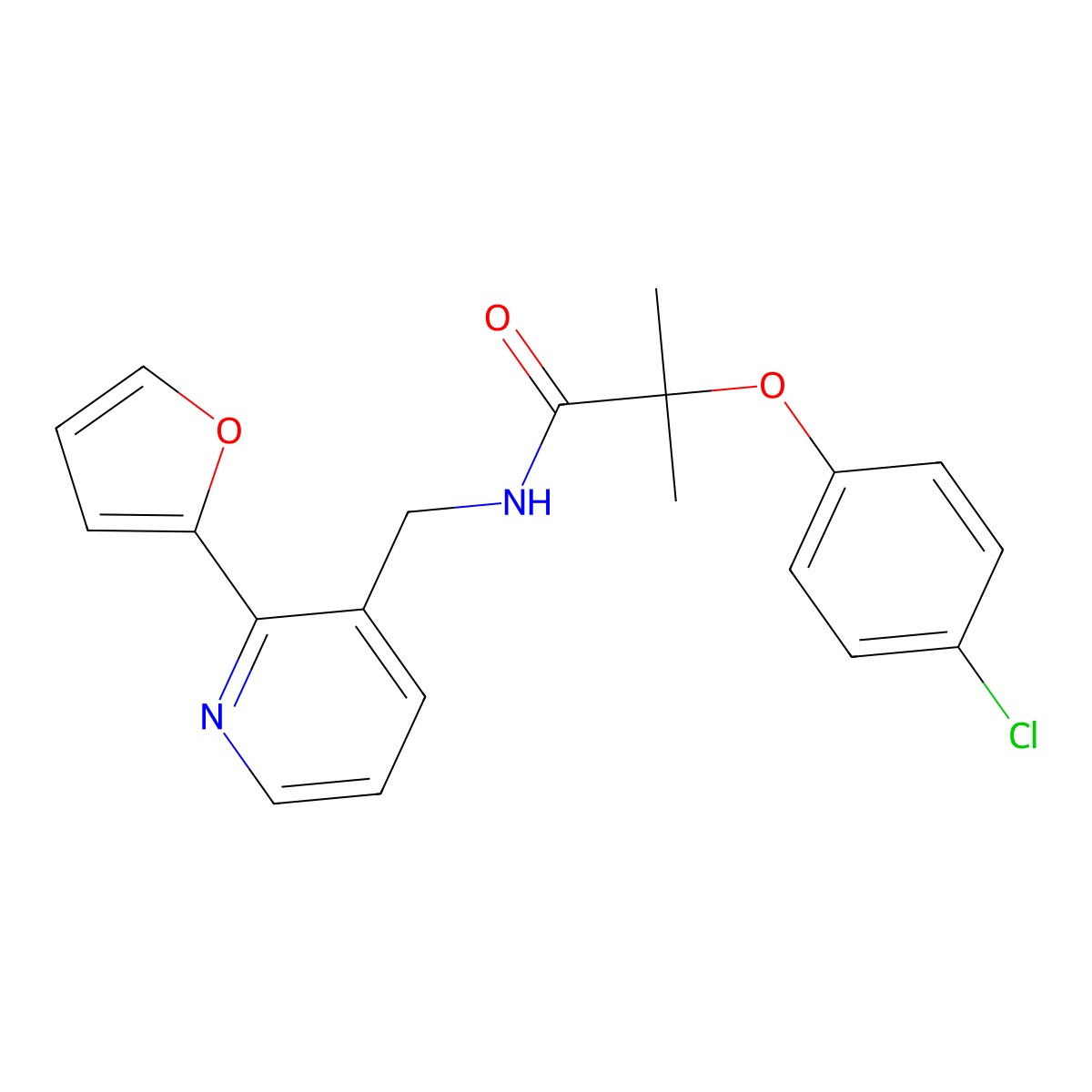 2-(4-chlorophenoxy)-N-{[2-(furan-2-yl)pyridin-3-yl]methyl}-2-methylpropanamide molecular structure, CAS 2034268-43-2