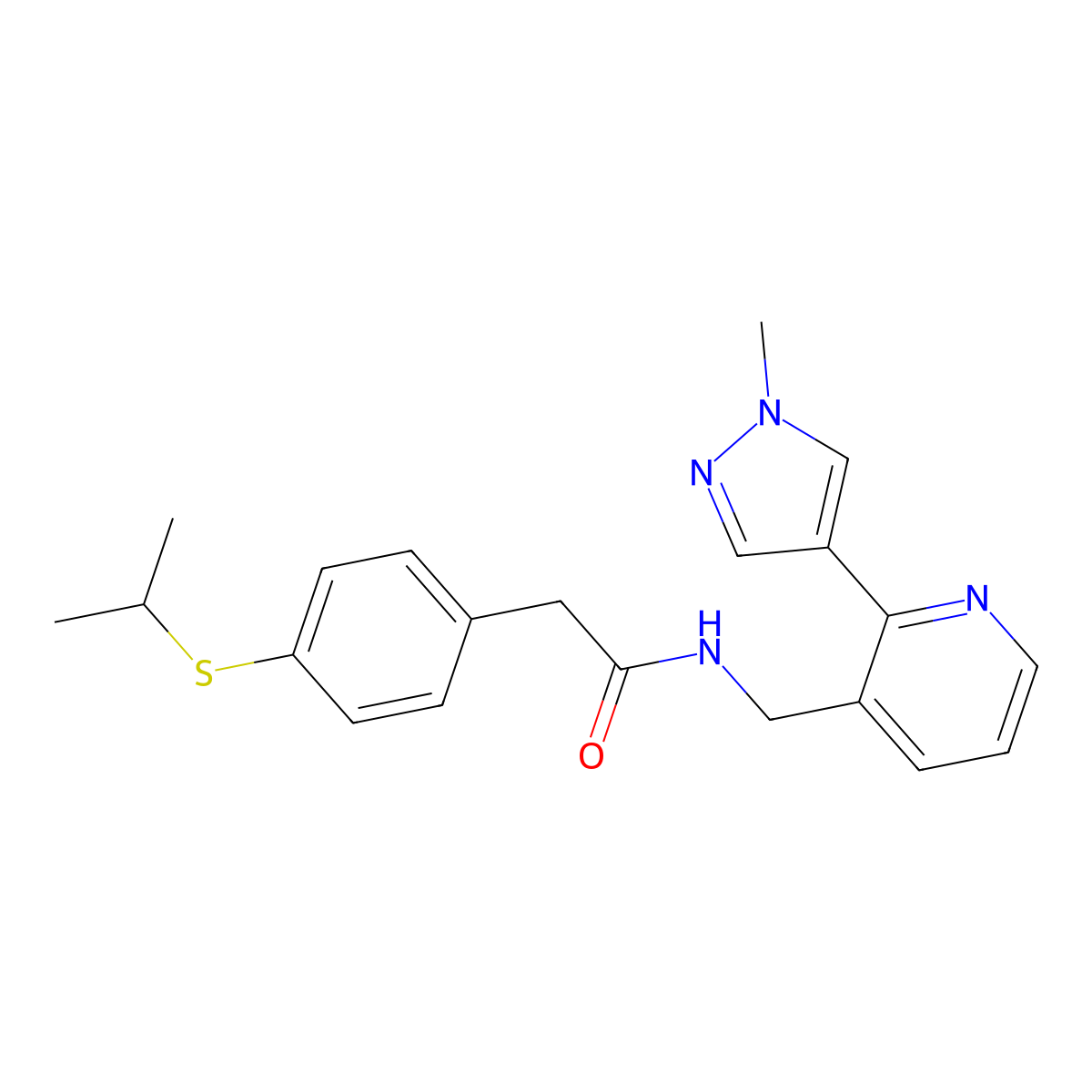 2-(4-(isopropylthio)phenyl)-N-((2-(1-methyl-1H-pyrazol-4-yl)pyridin-3-yl)methyl)acetamide molecular structure, CAS 2034268-60-3