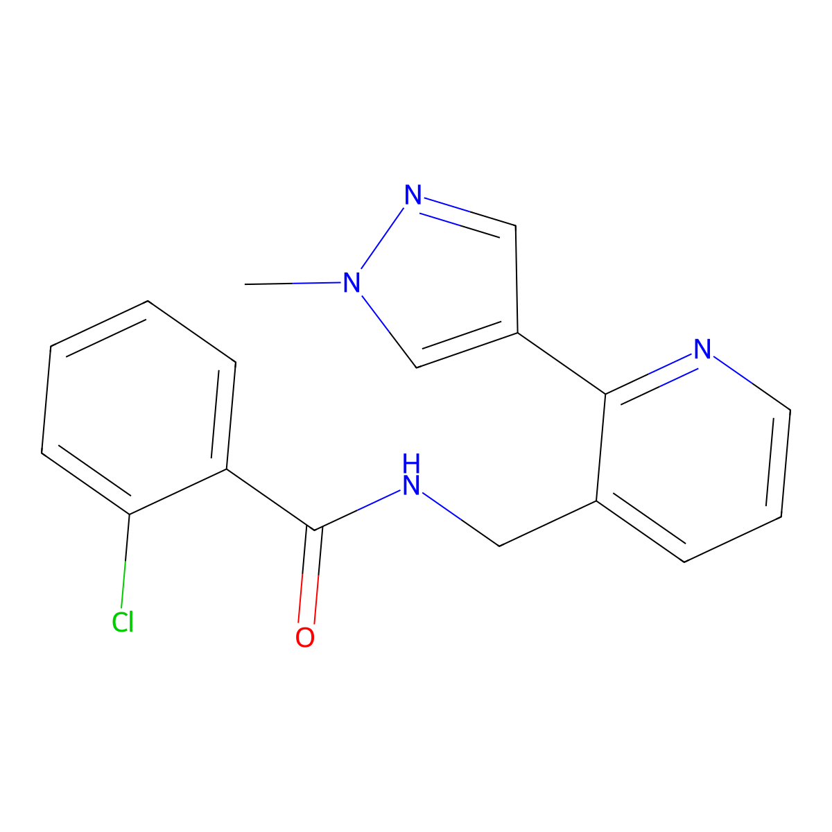 2-chloro-N-{[2-(1-methyl-1H-pyrazol-4-yl)pyridin-3-yl]methyl}benzamide molecular structure, CAS 2034268-75-0