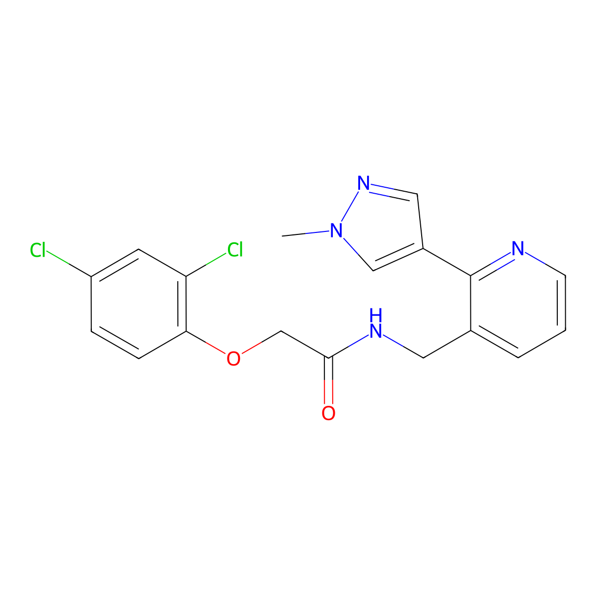 2-(2,4-dichlorophenoxy)-N-{[2-(1-methyl-1H-pyrazol-4-yl)pyridin-3-yl]methyl}acetamide molecular structure, CAS 2034268-81-8