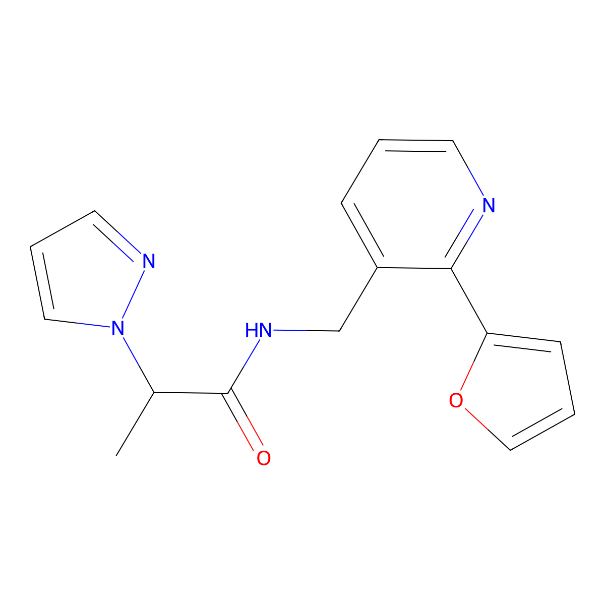 N-((2-(furan-2-yl)pyridin-3-yl)methyl)-2-(1H-pyrazol-1-yl)propanamide molecular structure, CAS 2034268-83-0