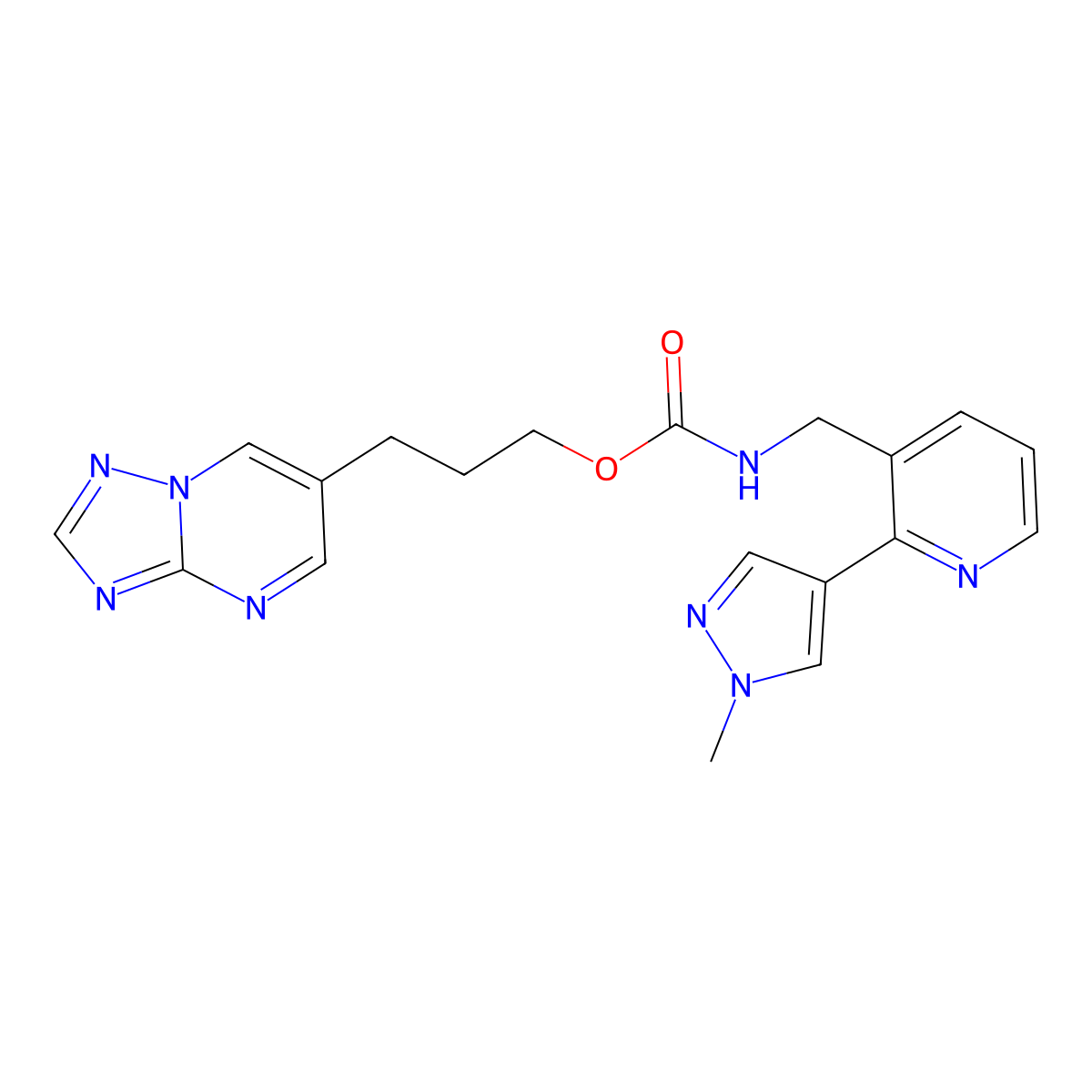 3-([1,2,4]triazolo[1,5-a]pyrimidin-6-yl)propyl ((2-(1-methyl-1H-pyrazol-4-yl)pyridin-3-yl)methyl)carbamate molecular structure, CAS 2034268-85-2