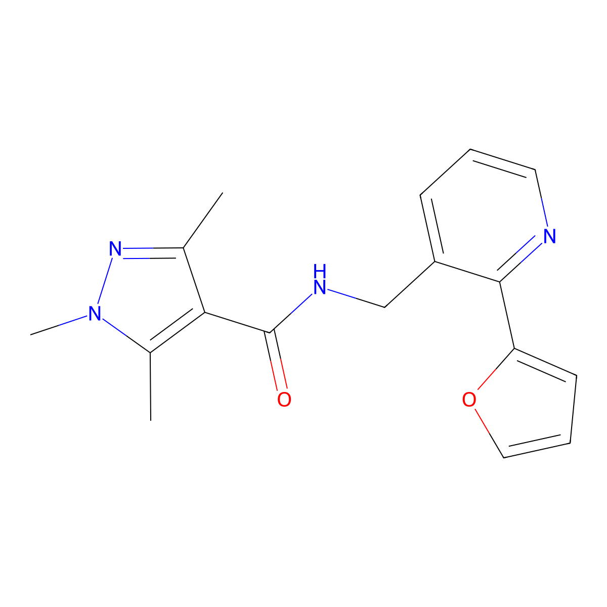 N-((2-(furan-2-yl)pyridin-3-yl)methyl)-1,3,5-trimethyl-1H-pyrazole-4-carboxamide molecular structure, CAS 2034268-86-3