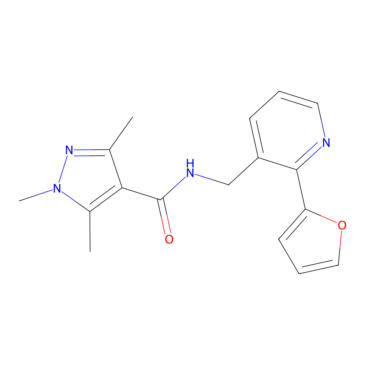 N-((2-(furan-2-yl)pyridin-3-yl)methyl)-1,3,5-trimethyl-1H-pyrazole-4-carboxamide molecular structure, CAS 2034268-86-3