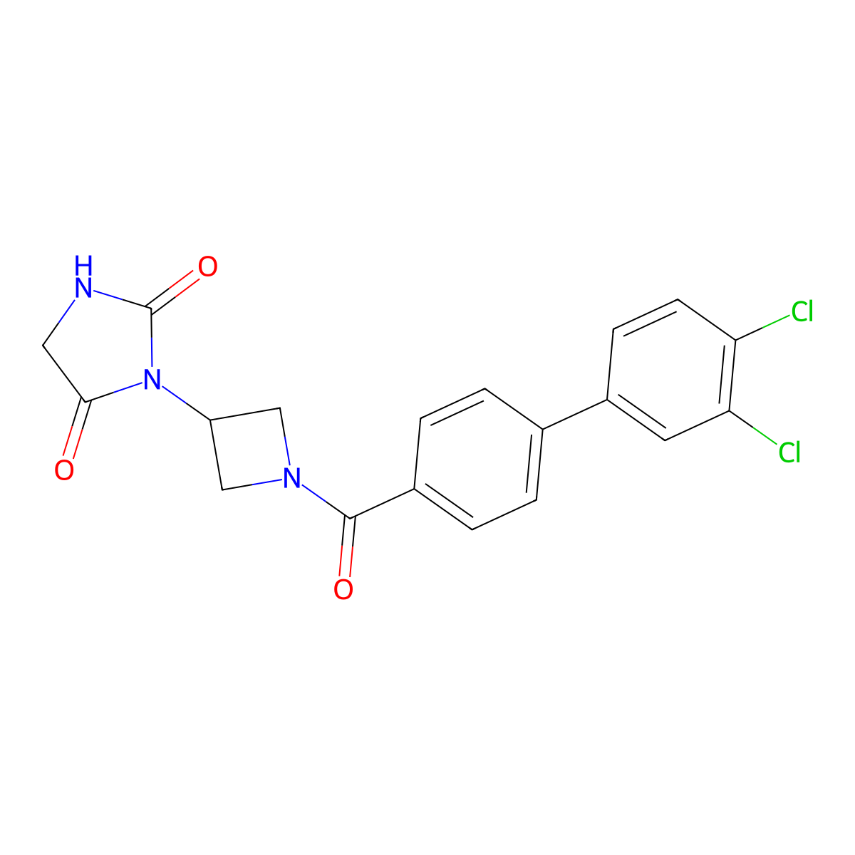 3-(1-{3',4'-Dichloro-[1,1'-biphenyl]-4-carbonyl}azetidin-3-yl)imidazolidine-2,4-dione molecular structure, CAS 2034268-87-4