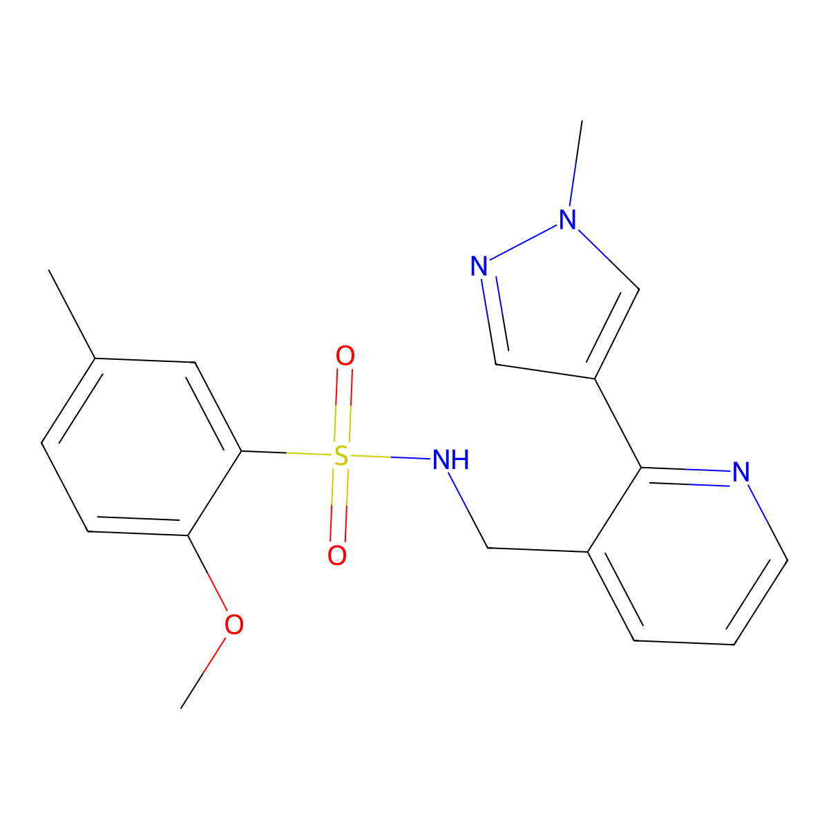 2-methoxy-5-methyl-N-((2-(1-methyl-1H-pyrazol-4-yl)pyridin-3-yl)methyl)benzenesulfonamide molecular structure, CAS 2034268-89-6