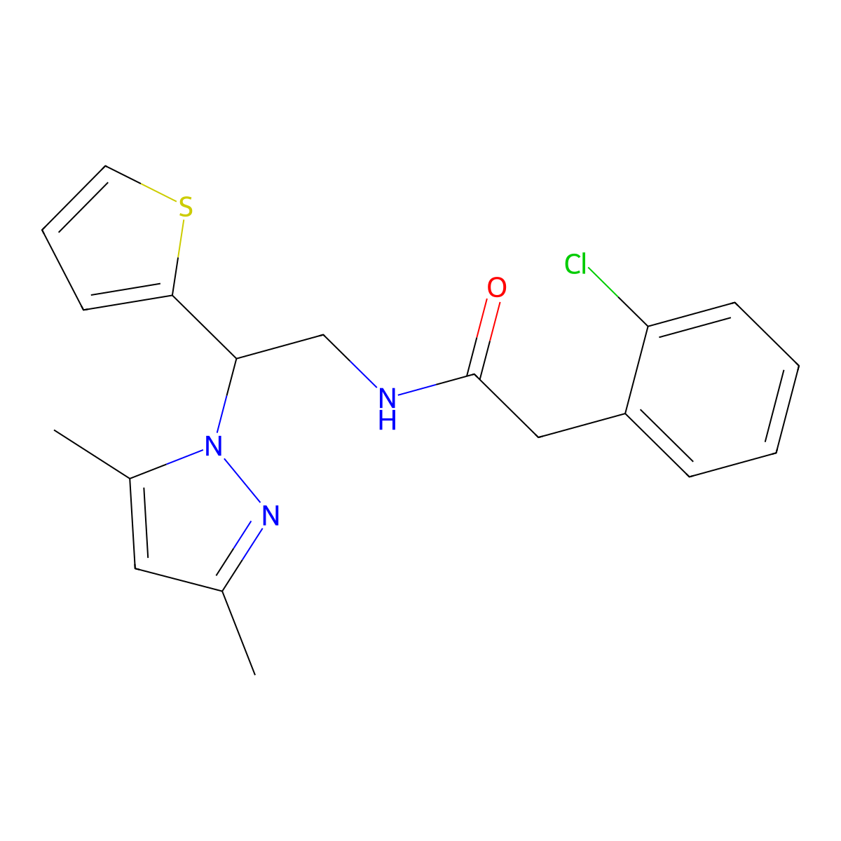 2-(2-chlorophenyl)-N-(2-(3,5-dimethyl-1H-pyrazol-1-yl)-2-(thiophen-2-yl)ethyl)acetamide molecular structure, CAS 2034268-92-1
