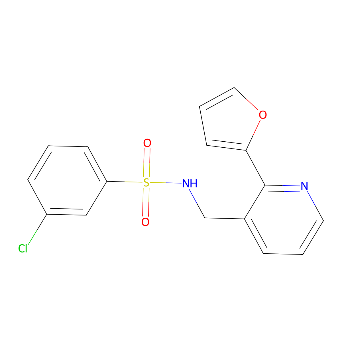 3-chloro-N-((2-(furan-2-yl)pyridin-3-yl)methyl)benzenesulfonamide molecular structure, CAS 2034269-05-9