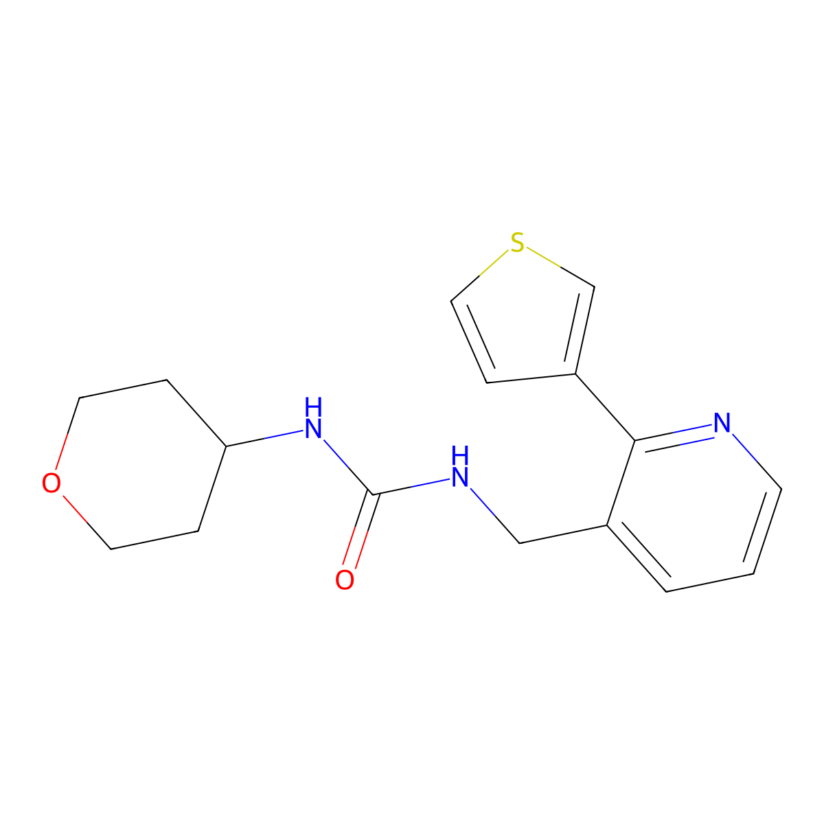 1-(tetrahydro-2H-pyran-4-yl)-3-((2-(thiophen-3-yl)pyridin-3-yl)methyl)urea molecular structure, CAS 2034269-10-6