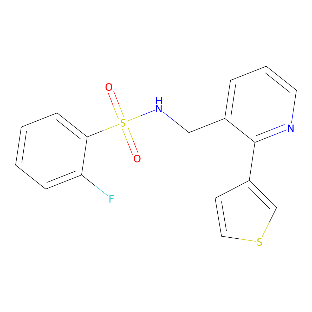 2-fluoro-N-((2-(thiophen-3-yl)pyridin-3-yl)methyl)benzenesulfonamide molecular structure, CAS 2034269-20-8