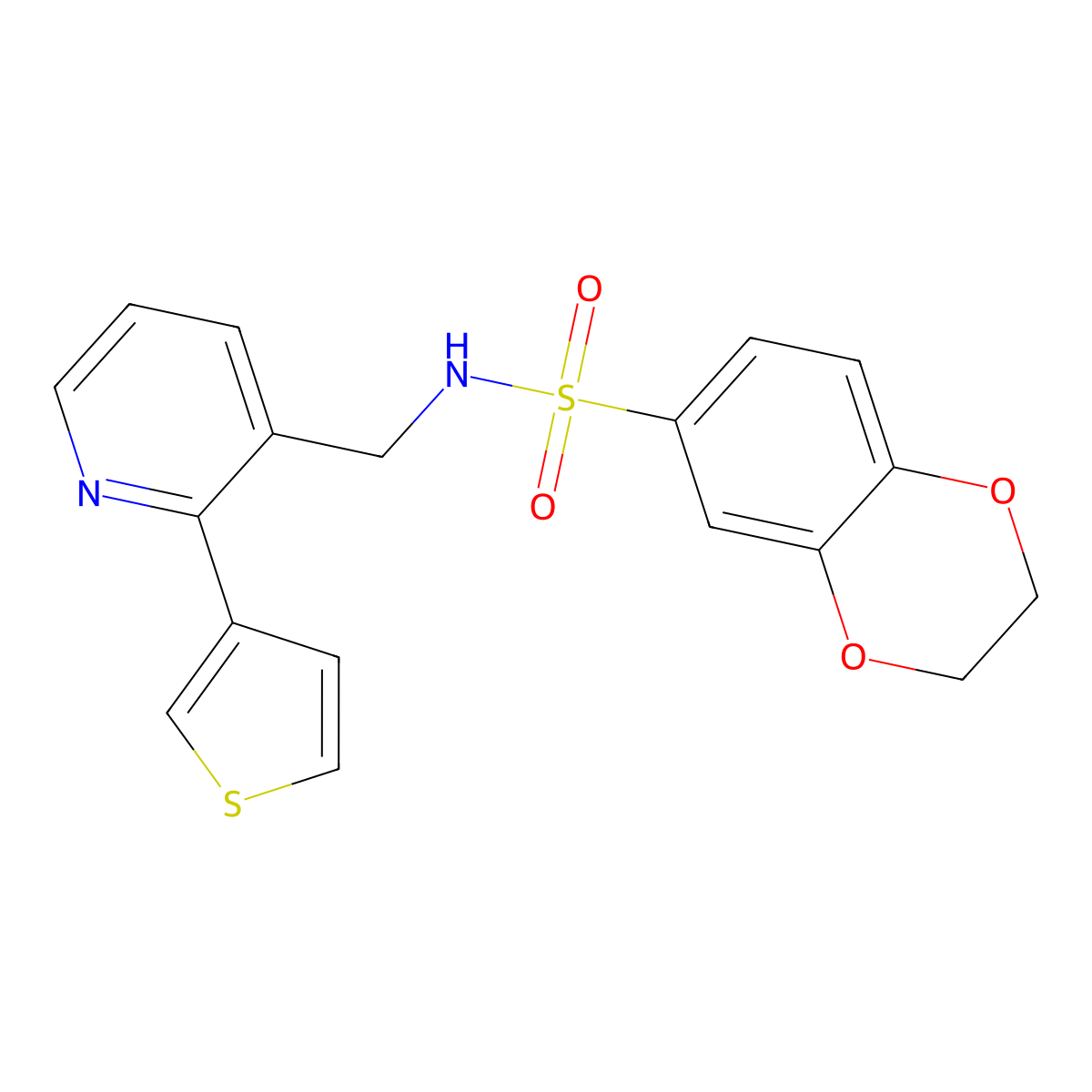 N-((2-(thiophen-3-yl)pyridin-3-yl)methyl)-2,3-dihydrobenzo[b][1,4]dioxine-6-sulfonamide molecular structure, CAS 2034269-33-3