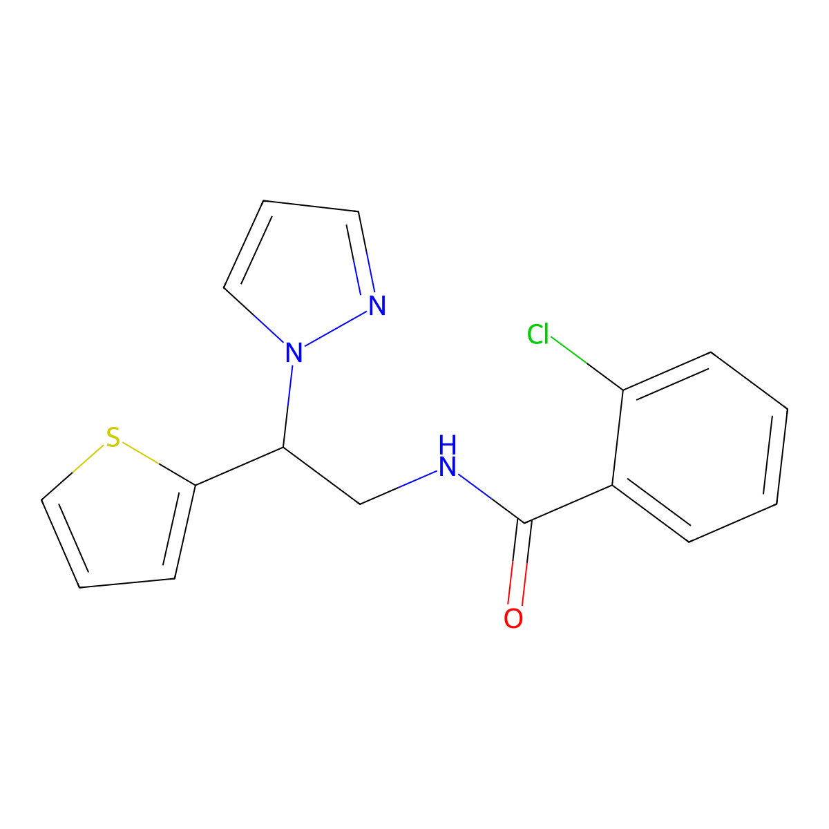 N-(2-(1H-pyrazol-1-yl)-2-(thiophen-2-yl)ethyl)-2-chlorobenzamide molecular structure, CAS 2034269-38-8