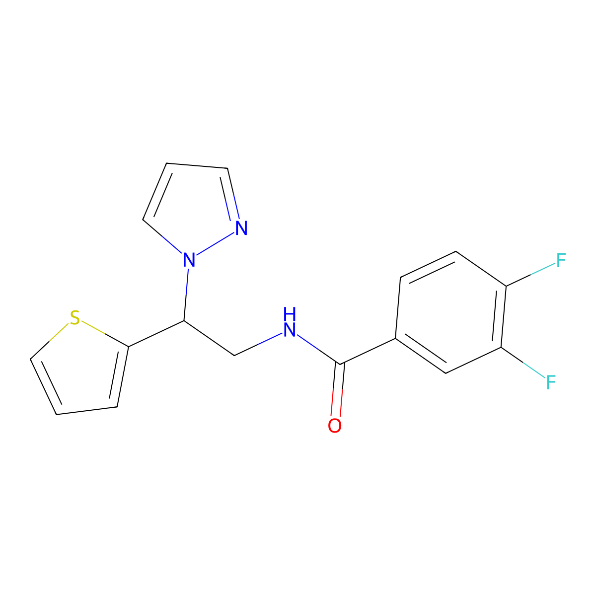 N-(2-(1H-pyrazol-1-yl)-2-(thiophen-2-yl)ethyl)-3,4-difluorobenzamide molecular structure, CAS 2034269-42-4