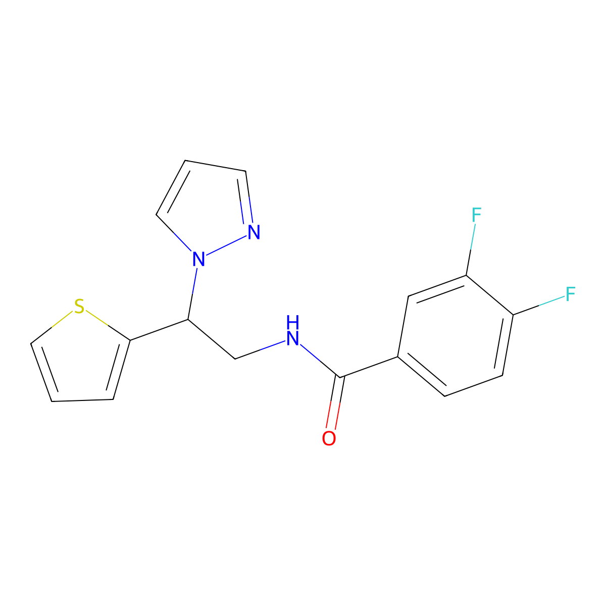 N-(2-(1H-pyrazol-1-yl)-2-(thiophen-2-yl)ethyl)-3,4-difluorobenzamide molecular structure, CAS 2034269-42-4