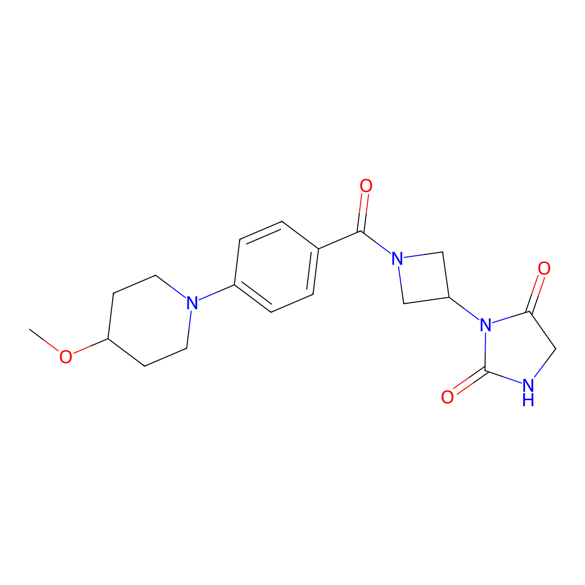 3-{1-[4-(4-Methoxypiperidin-1-yl)benzoyl]azetidin-3-yl}imidazolidine-2,4-dione molecular structure, CAS 2034269-45-7