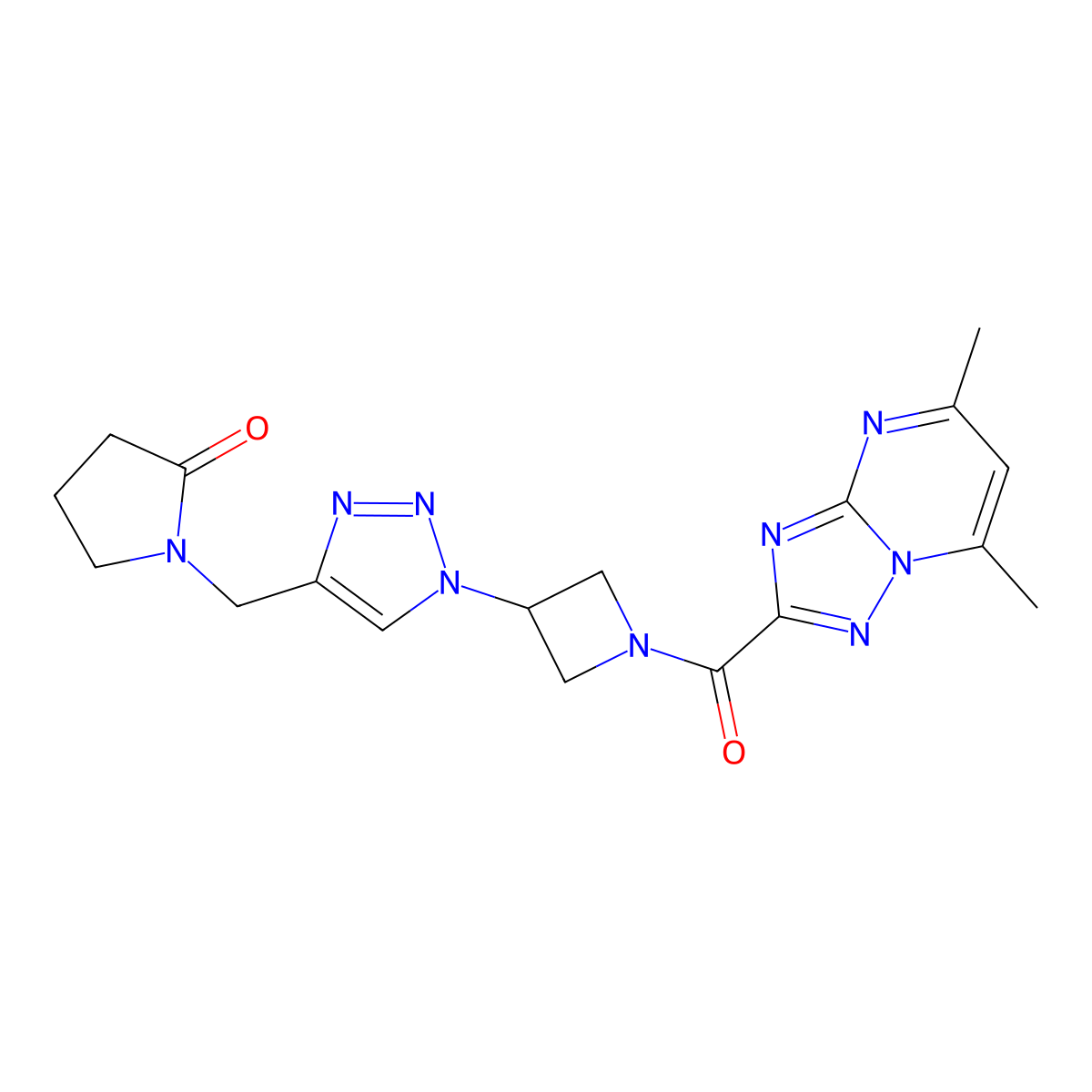 1-((1-(1-(5,7-dimethyl-[1,2,4]triazolo[1,5-a]pyrimidine-2-carbonyl)azetidin-3-yl)-1H-1,2,3-triazol-4-yl)methyl)pyrrolidin-2-one molecular structure, CAS 2034269-71-9