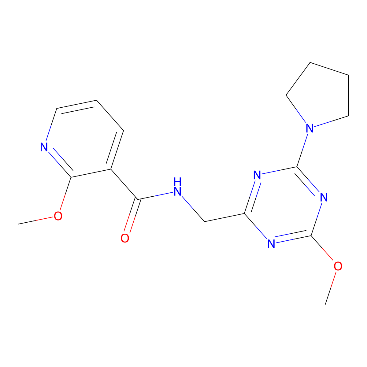 2-methoxy-N-((4-methoxy-6-(pyrrolidin-1-yl)-1,3,5-triazin-2-yl)methyl)nicotinamide molecular structure, CAS 2034269-80-0