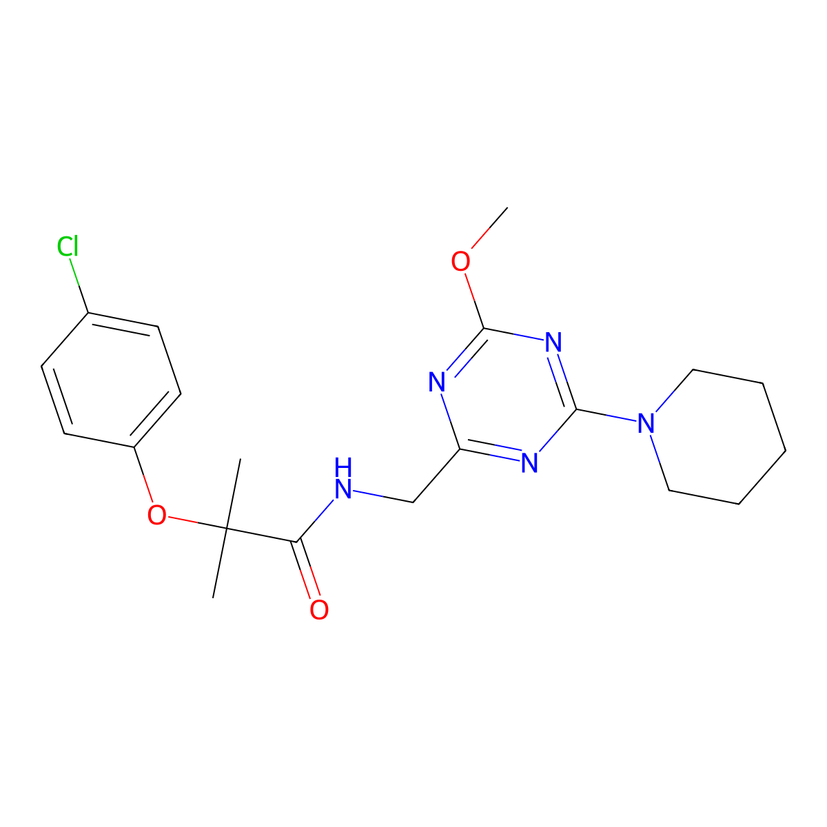 2-(4-chlorophenoxy)-N-((4-methoxy-6-(piperidin-1-yl)-1,3,5-triazin-2-yl)methyl)-2-methylpropanamide molecular structure, CAS 2034269-89-9