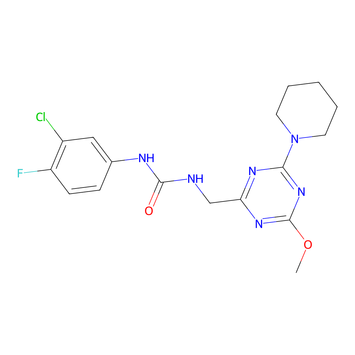 1-(3-Chloro-4-fluorophenyl)-3-((4-methoxy-6-(piperidin-1-yl)-1,3,5-triazin-2-yl)methyl)urea molecular structure, CAS 2034269-91-3