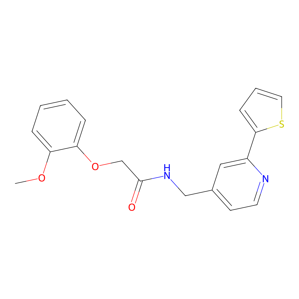 2-(2-methoxyphenoxy)-N-((2-(thiophen-2-yl)pyridin-4-yl)methyl)acetamide molecular structure, CAS 2034269-92-4