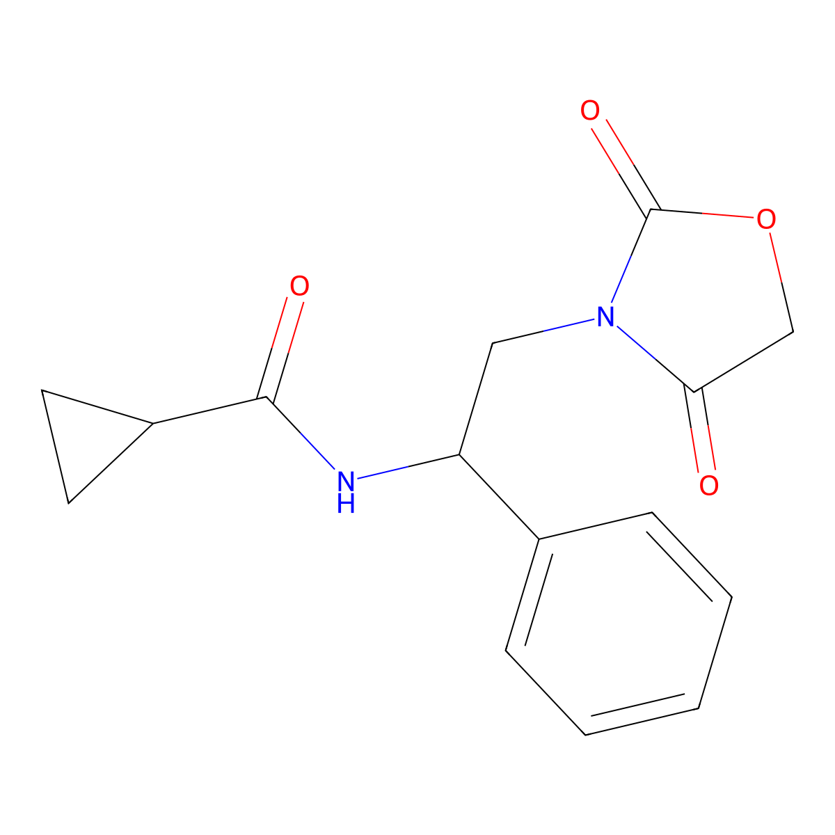 N-(2-(2,4-dioxooxazolidin-3-yl)-1-phenylethyl)cyclopropanecarboxamide molecular structure, CAS 2034270-00-1