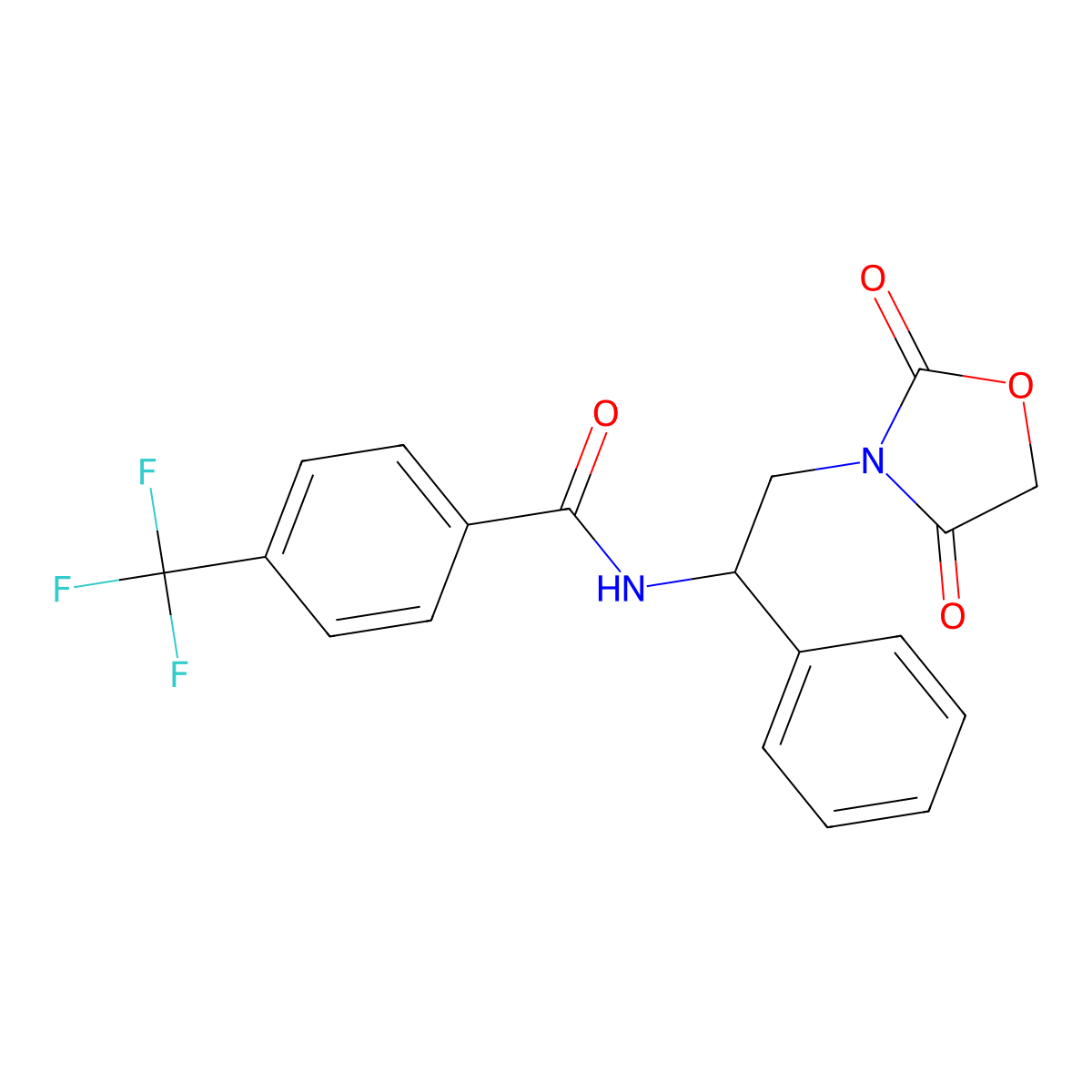 N-(2-(2,4-dioxooxazolidin-3-yl)-1-phenylethyl)-4-(trifluoromethyl)benzamide molecular structure, CAS 2034270-02-3