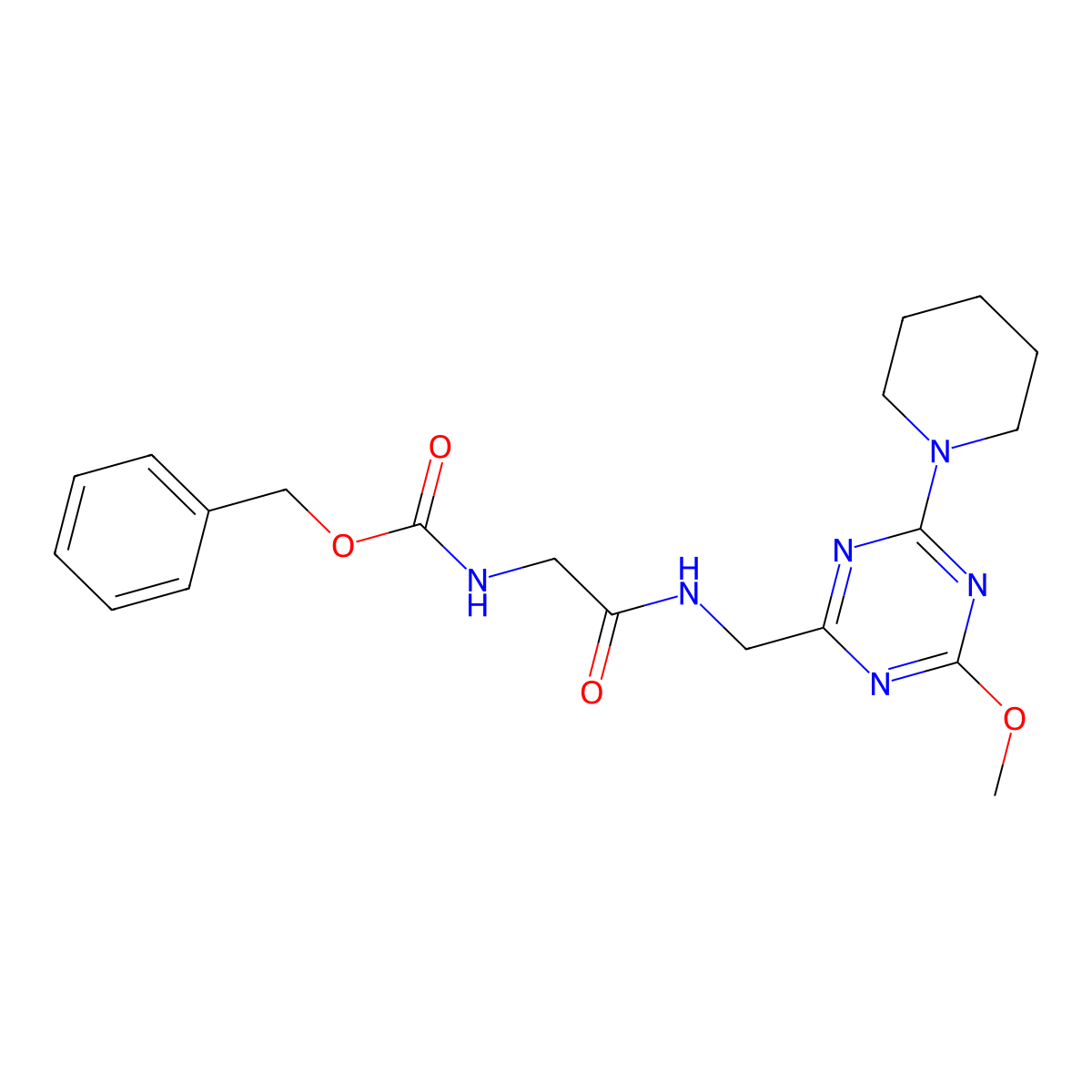 Benzyl (2-(((4-methoxy-6-(piperidin-1-yl)-1,3,5-triazin-2-yl)methyl)amino)-2-oxoethyl)carbamate molecular structure, CAS 2034270-03-4