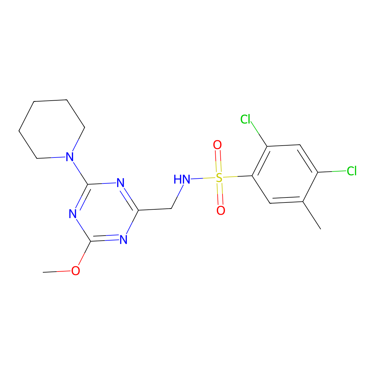 2,4-dichloro-N-((4-methoxy-6-(piperidin-1-yl)-1,3,5-triazin-2-yl)methyl)-5-methylbenzenesulfonamide molecular structure, CAS 2034270-06-7