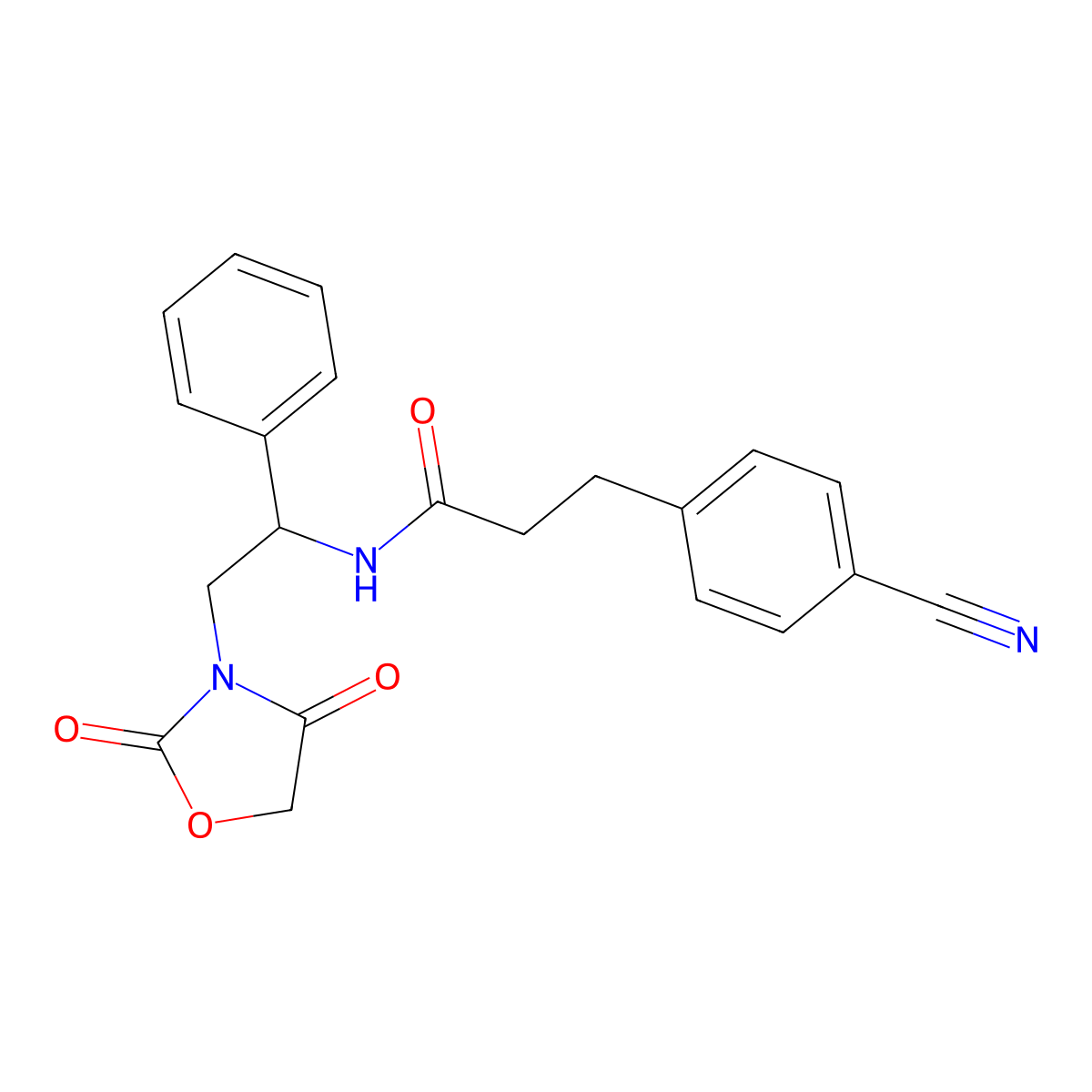 3-(4-cyanophenyl)-N-(2-(2,4-dioxooxazolidin-3-yl)-1-phenylethyl)propanamide molecular structure, CAS 2034270-07-8