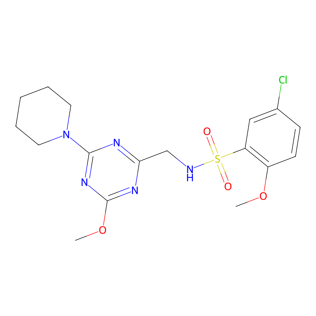 5-chloro-2-methoxy-N-((4-methoxy-6-(piperidin-1-yl)-1,3,5-triazin-2-yl)methyl)benzenesulfonamide molecular structure, CAS 2034270-09-0