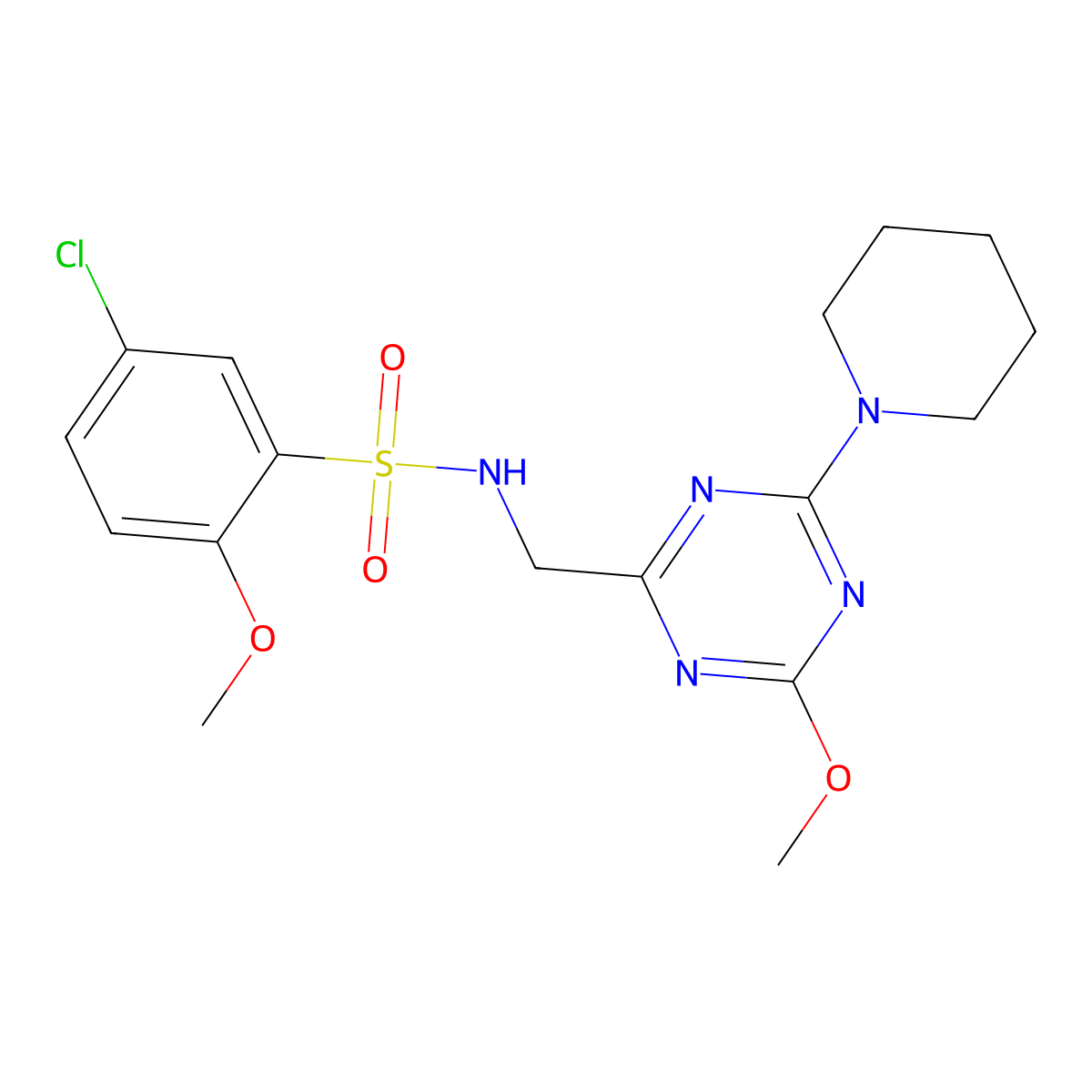 5-chloro-2-methoxy-N-((4-methoxy-6-(piperidin-1-yl)-1,3,5-triazin-2-yl)methyl)benzenesulfonamide molecular structure, CAS 2034270-09-0