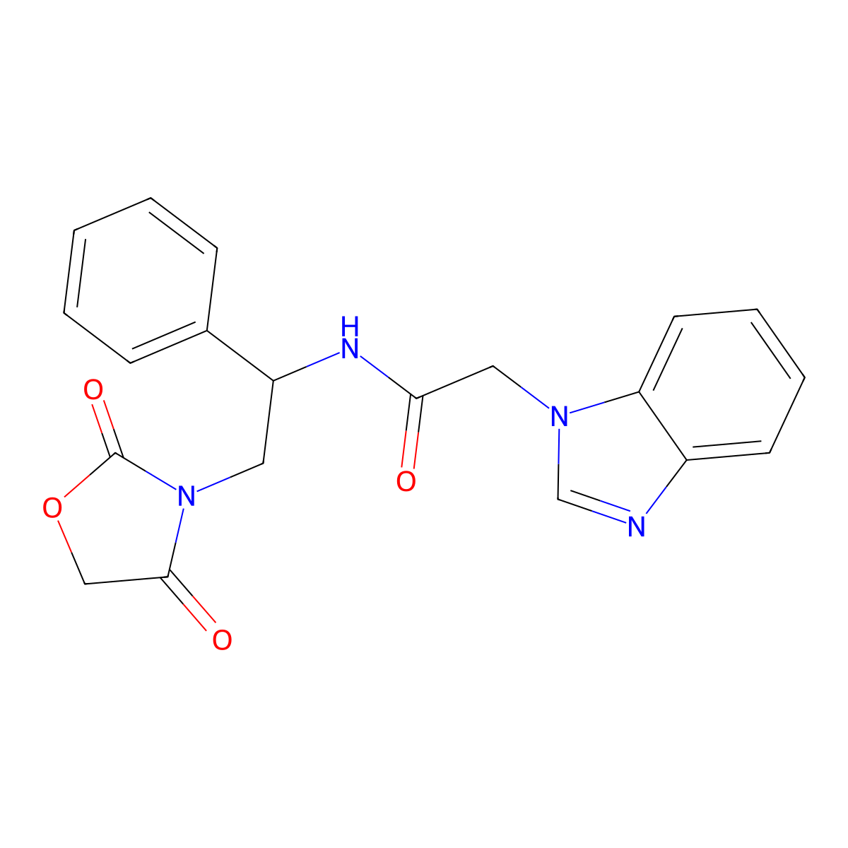 2-(1H-benzo[d]imidazol-1-yl)-N-(2-(2,4-dioxooxazolidin-3-yl)-1-phenylethyl)acetamide molecular structure, CAS 2034270-20-5