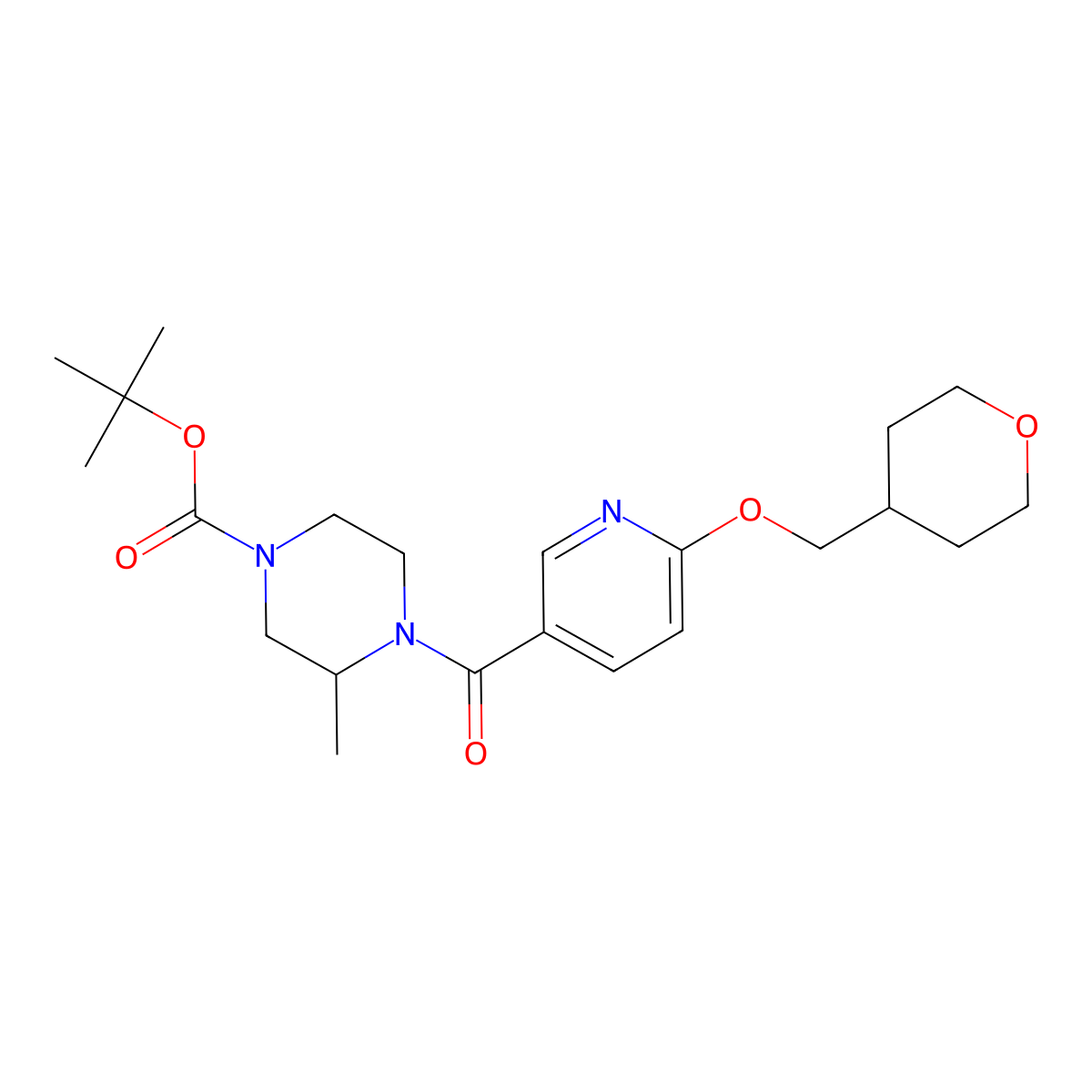 tert-butyl 3-methyl-4-(6-((tetrahydro-2H-pyran-4-yl)methoxy)nicotinoyl)piperazine-1-carboxylate molecular structure, CAS 2034270-39-6
