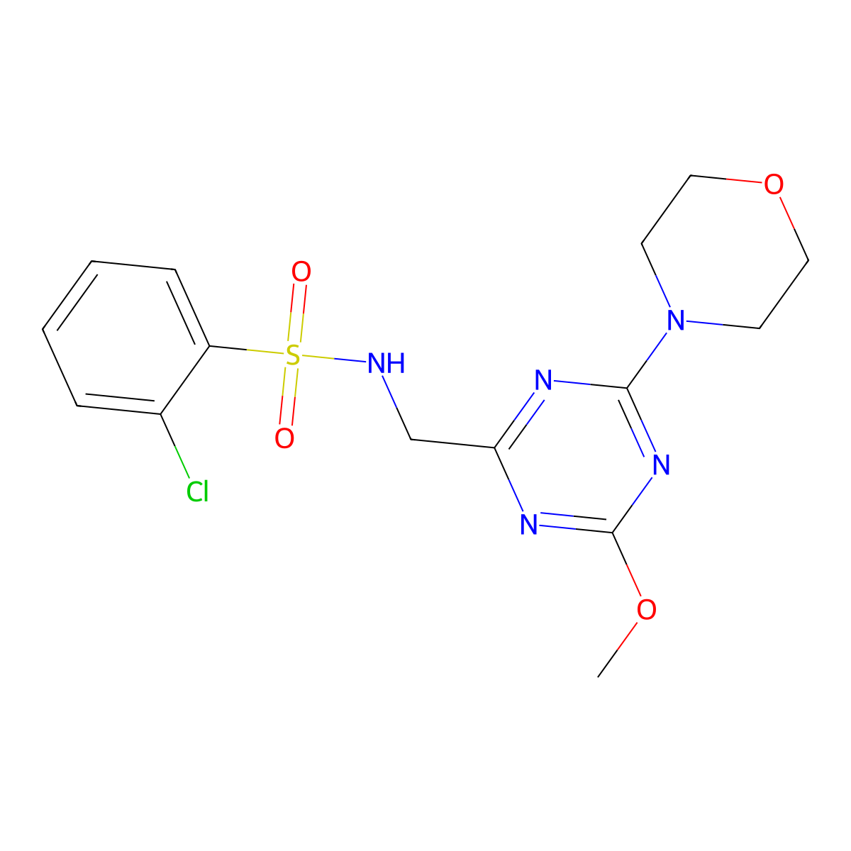 2-chloro-N-((4-methoxy-6-morpholino-1,3,5-triazin-2-yl)methyl)benzenesulfonamide molecular structure, CAS 2034270-47-6