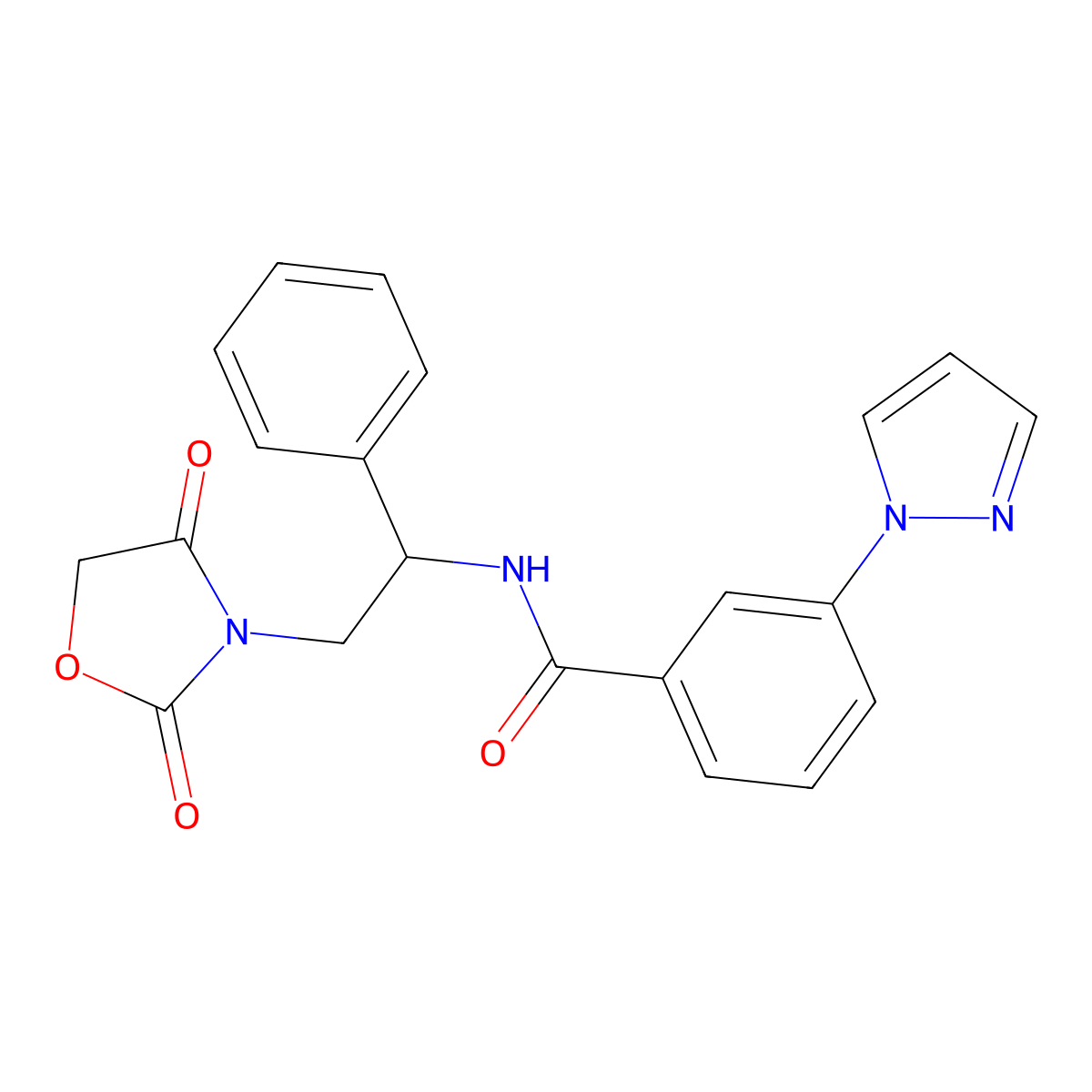 N-(2-(2,4-dioxooxazolidin-3-yl)-1-phenylethyl)-3-(1H-pyrazol-1-yl)benzamide molecular structure, CAS 2034270-71-6