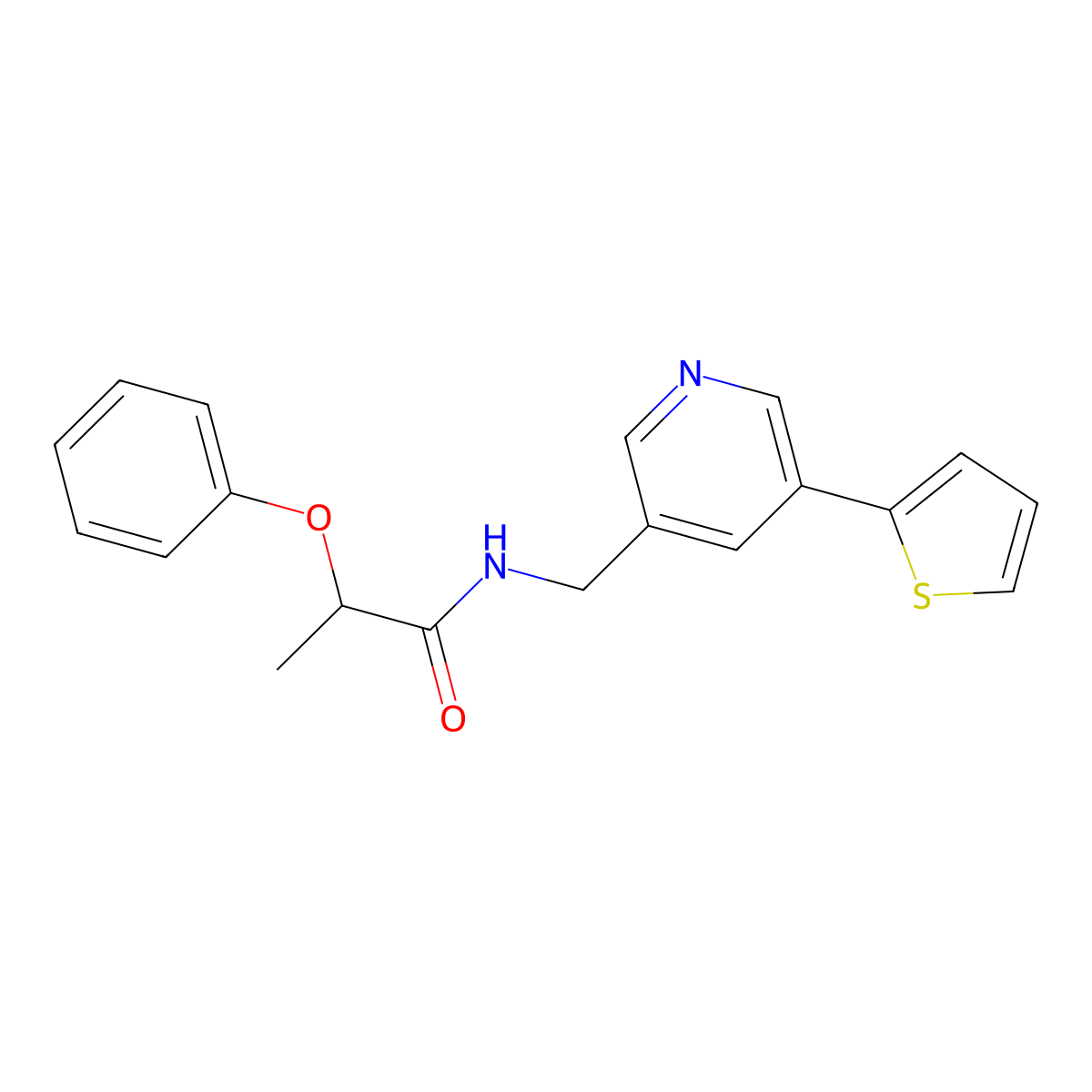 2-phenoxy-N-((5-(thiophen-2-yl)pyridin-3-yl)methyl)propanamide molecular structure, CAS 2034271-08-2