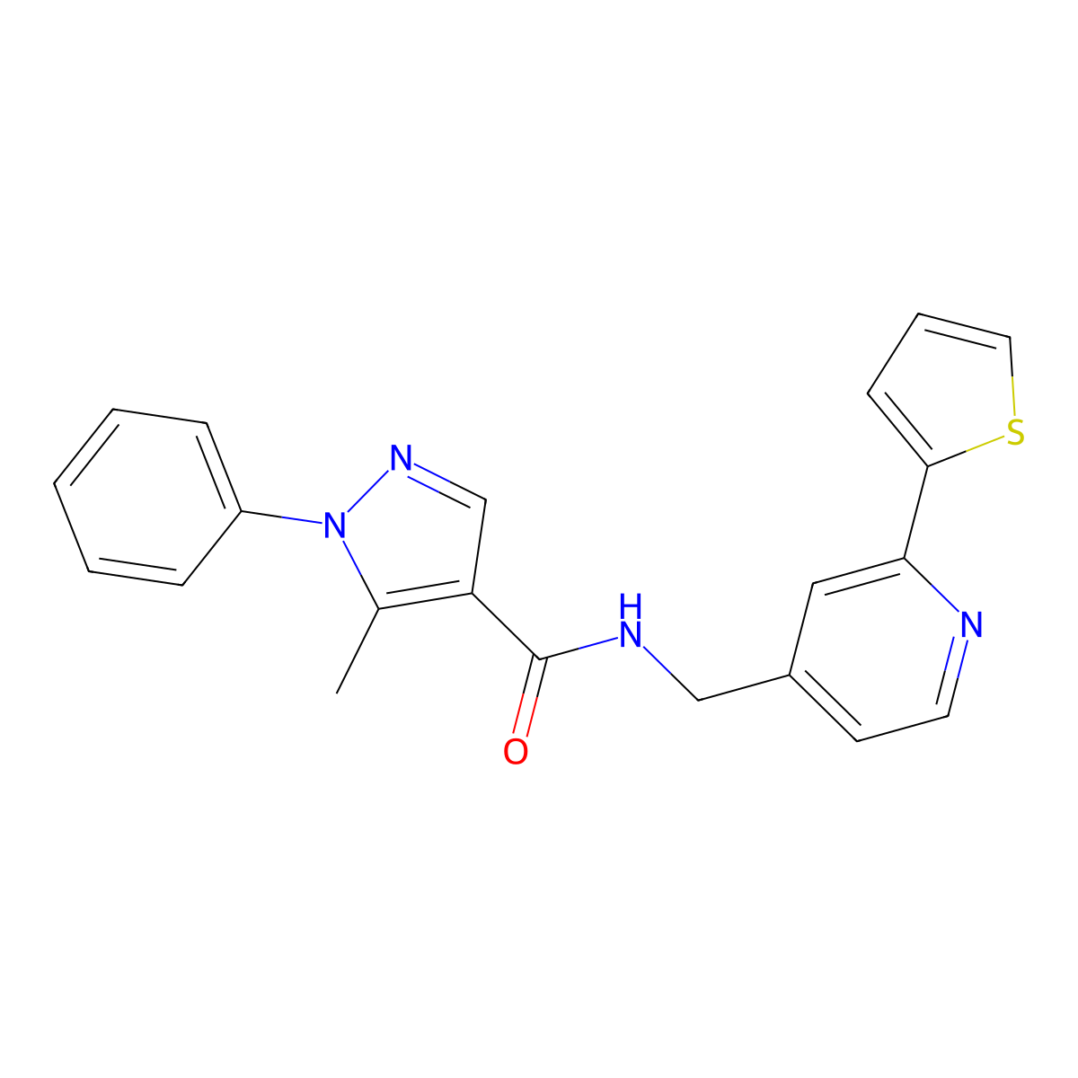 5-methyl-1-phenyl-N-((2-(thiophen-2-yl)pyridin-4-yl)methyl)-1H-pyrazole-4-carboxamide molecular structure, CAS 2034271-12-8
